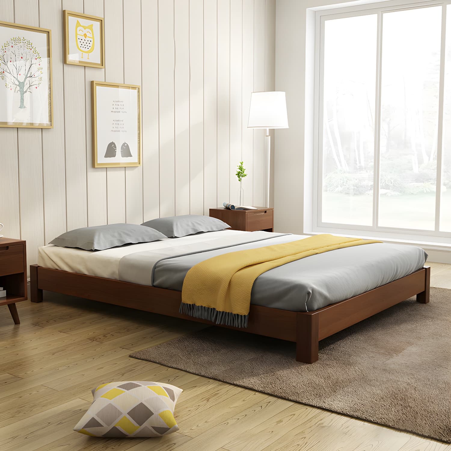 Solid Wood Standard Bed Contemporary Rubberwood Platform Bed with Legs thumbnail 16