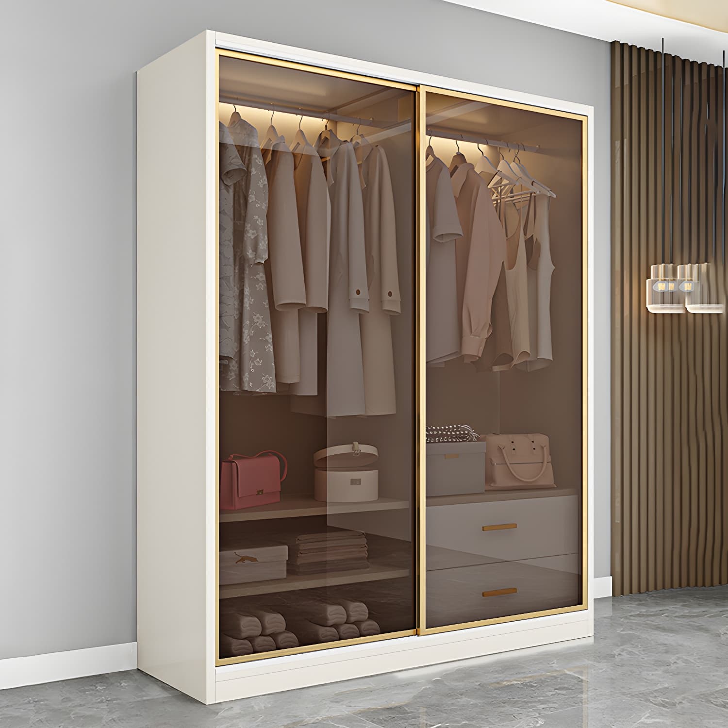 Modern White Wood Frame Wardrobe Freestanding Wardrobe with Sliding Glass Doors thumbnail 4