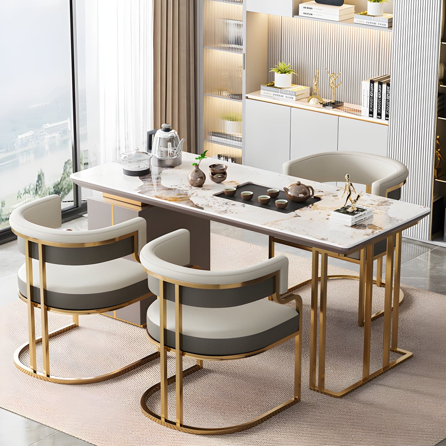 Faux Leather Dining Chairs Glam Style Open Back Armless Chair for Dining Room thumbnail 13