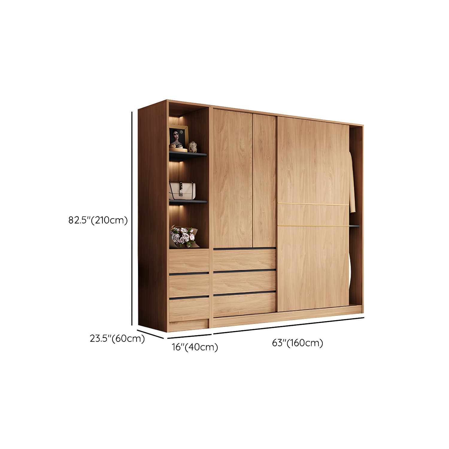 Natural Finish Wardrobe Armoire Sliding Wardrobe Cabinet with Drawer thumbnail 21