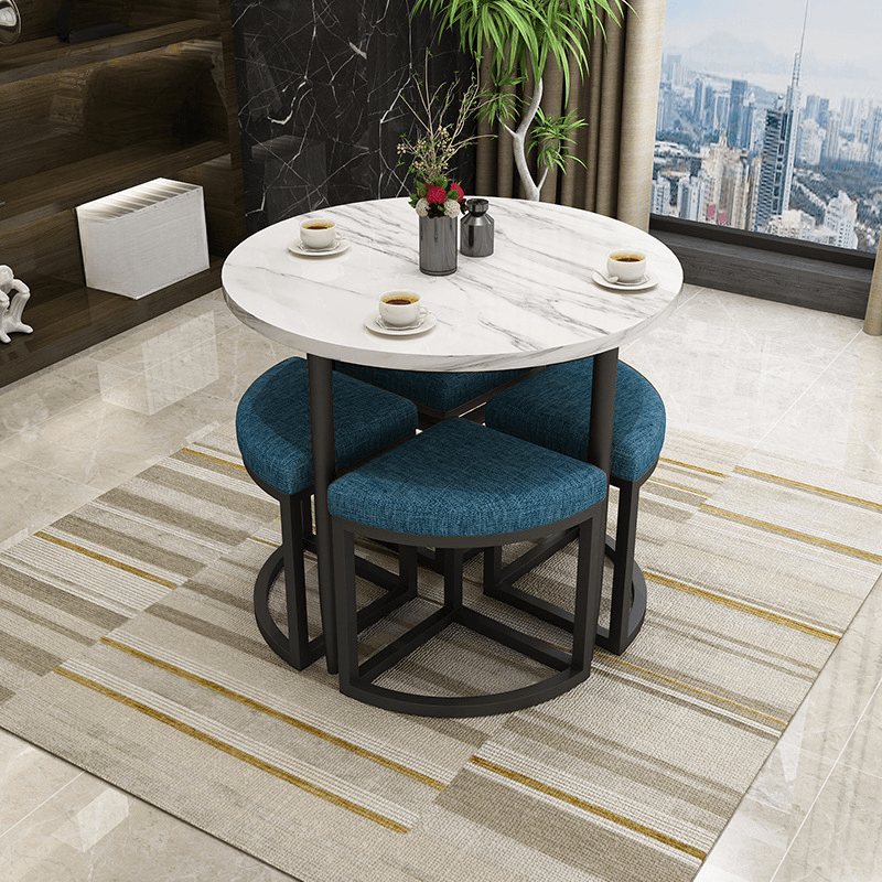 Reclaimed Wood Round Dining Table Set with Metal Toboggan Base and Upholstered Backless Chairs for 4 People thumbnail 19
