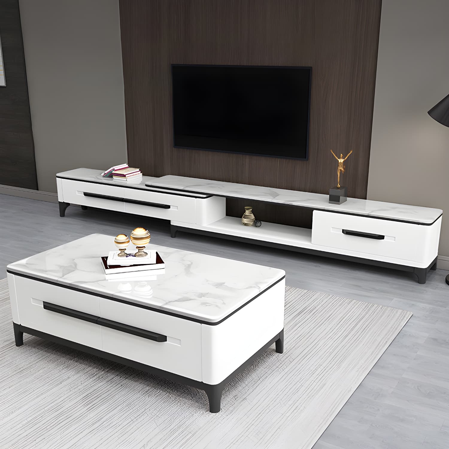2 Drawers TV Console Modern Stone Media Console with Splayed Wooden Legs thumbnail 4