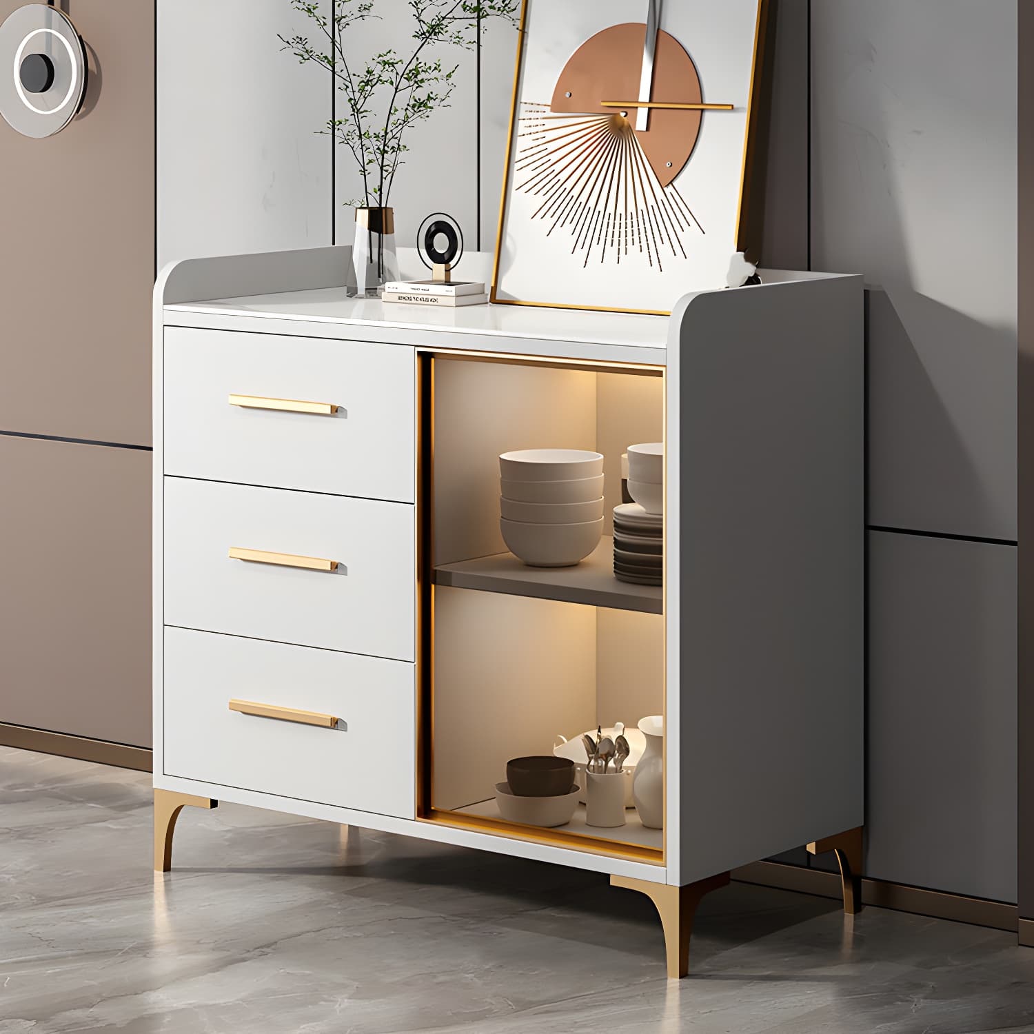 Glam Style Sideboard Wood Glass Doors Side Board with Cabinets and Drawers without Light