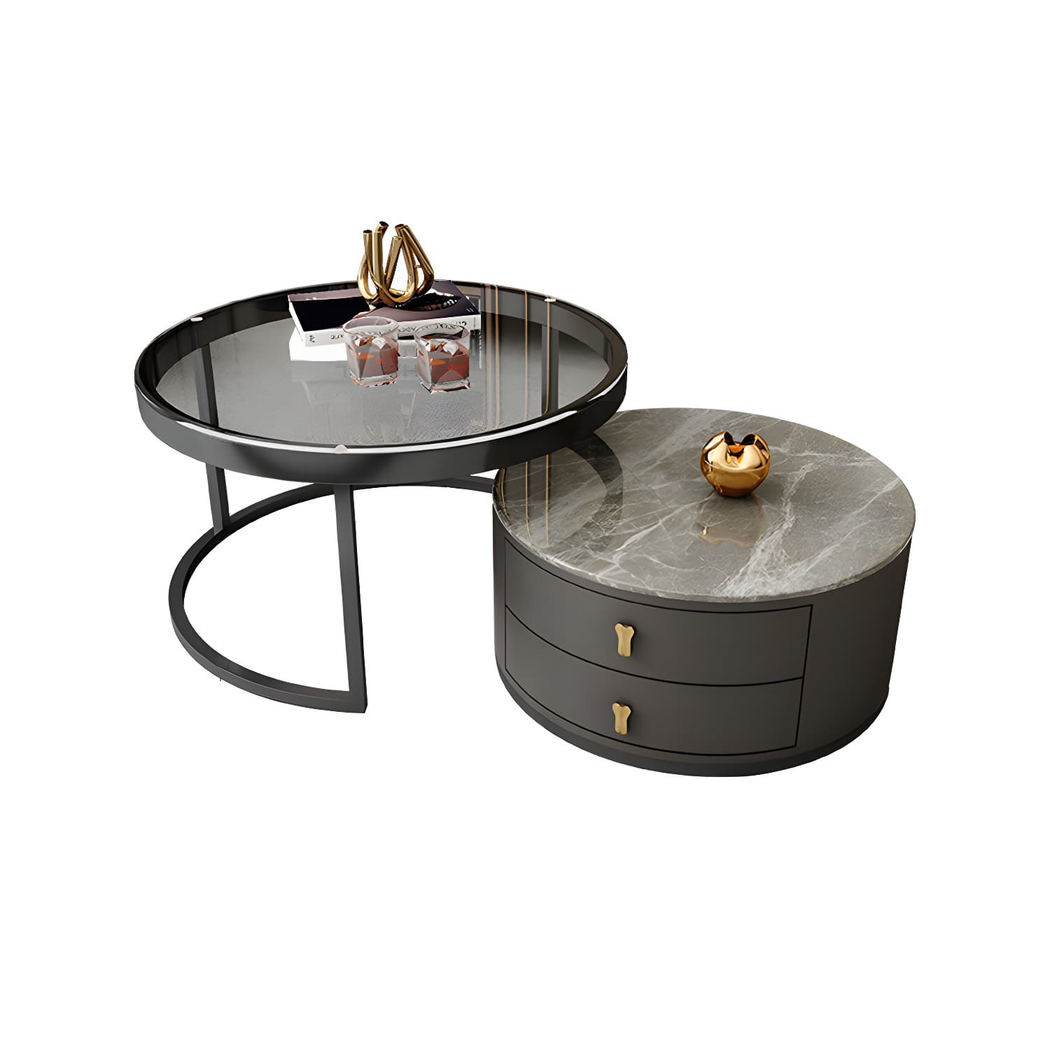 Modern Coffee Cocktail Table Round Nesting Coffee Table Set with Drawer thumbnail 11