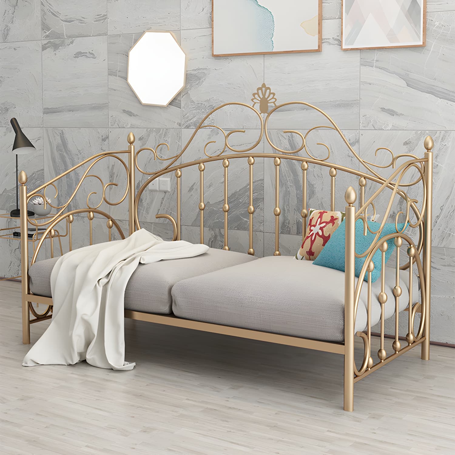 Luxurious Open-Frame Bed 45.28-inch High Metal Child's Bed with Headboard thumbnail 2