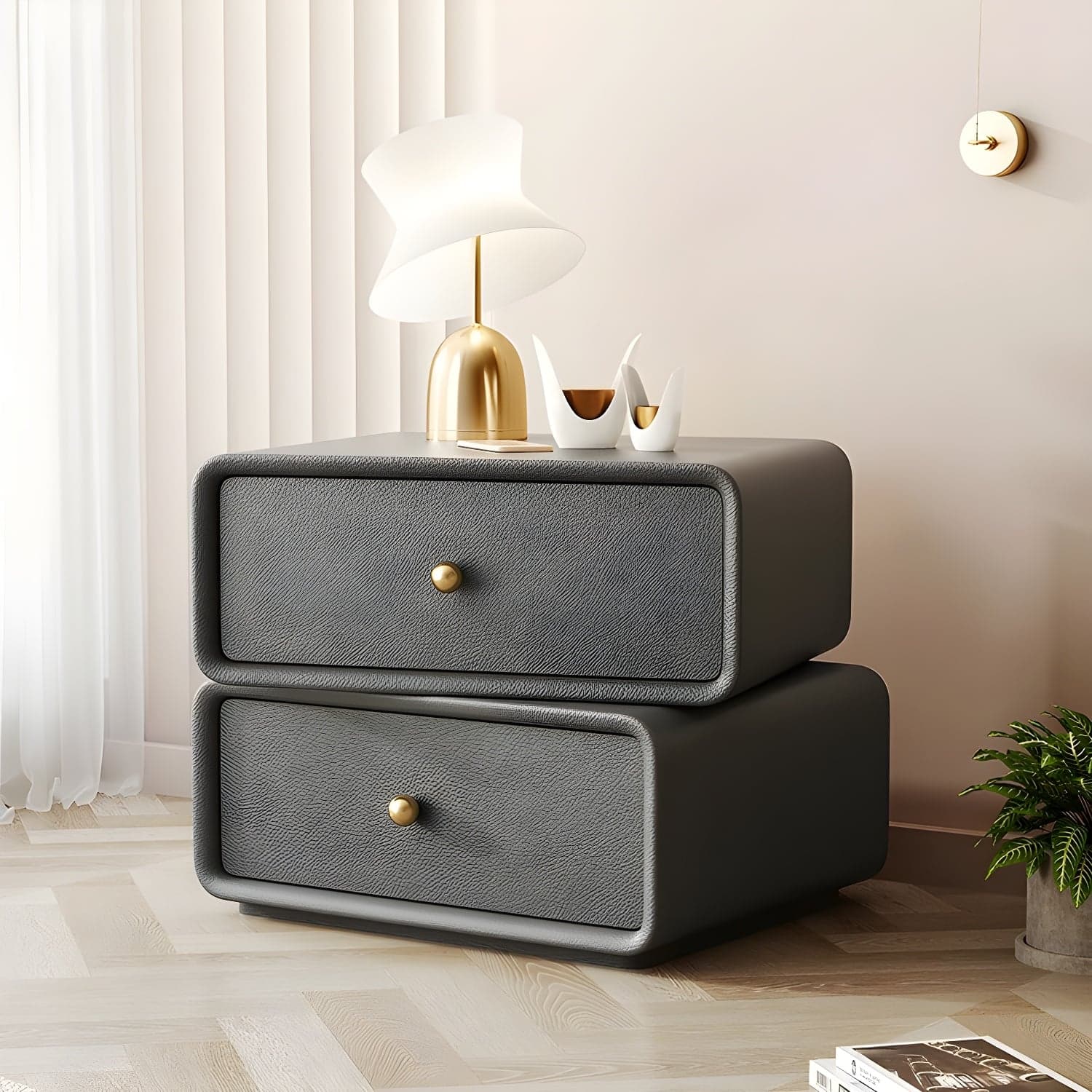 Modern Wood Nightstand with 2 Drawers - Faux Leather Countertop - Small and Stylish thumbnail 4