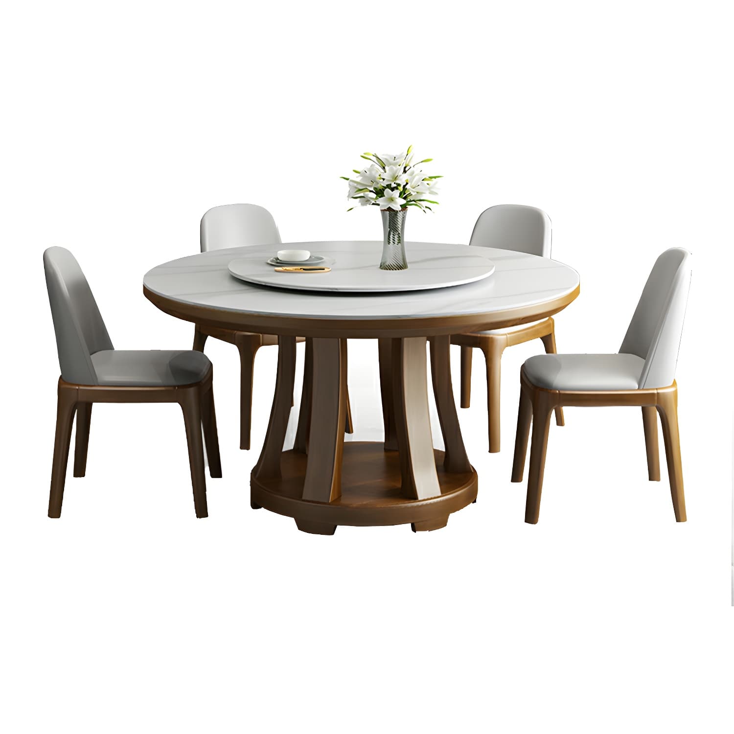 Modern Wood Dining Table Set with White Table top and Solid Wood Brown Base thumbnail 5