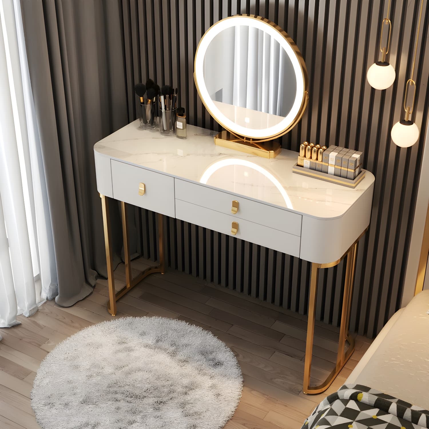Luxurious Vanity Dressing Table Solid Wood Vanity Set with Stool and Mirror thumbnail 6