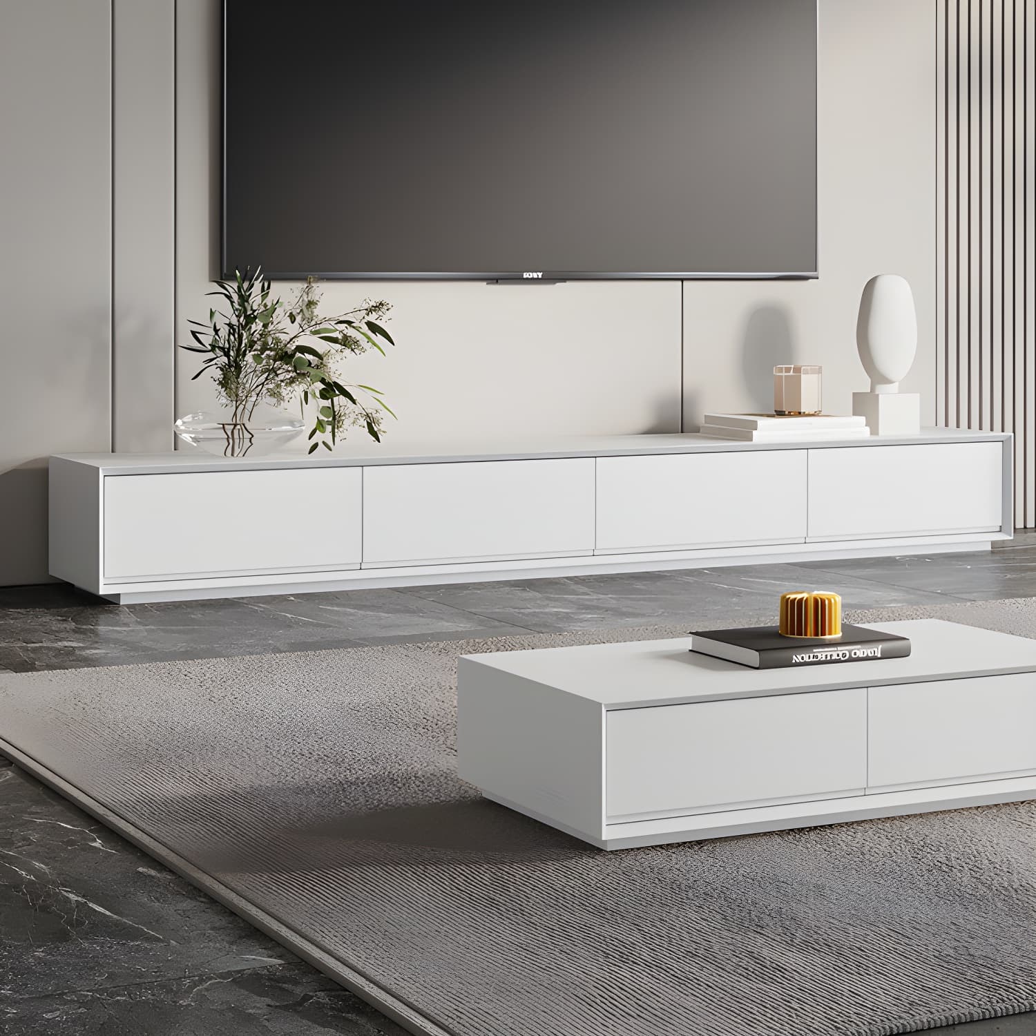 White Wood TV Stand Modernism TV Stand With Drawers for living Room thumbnail 15