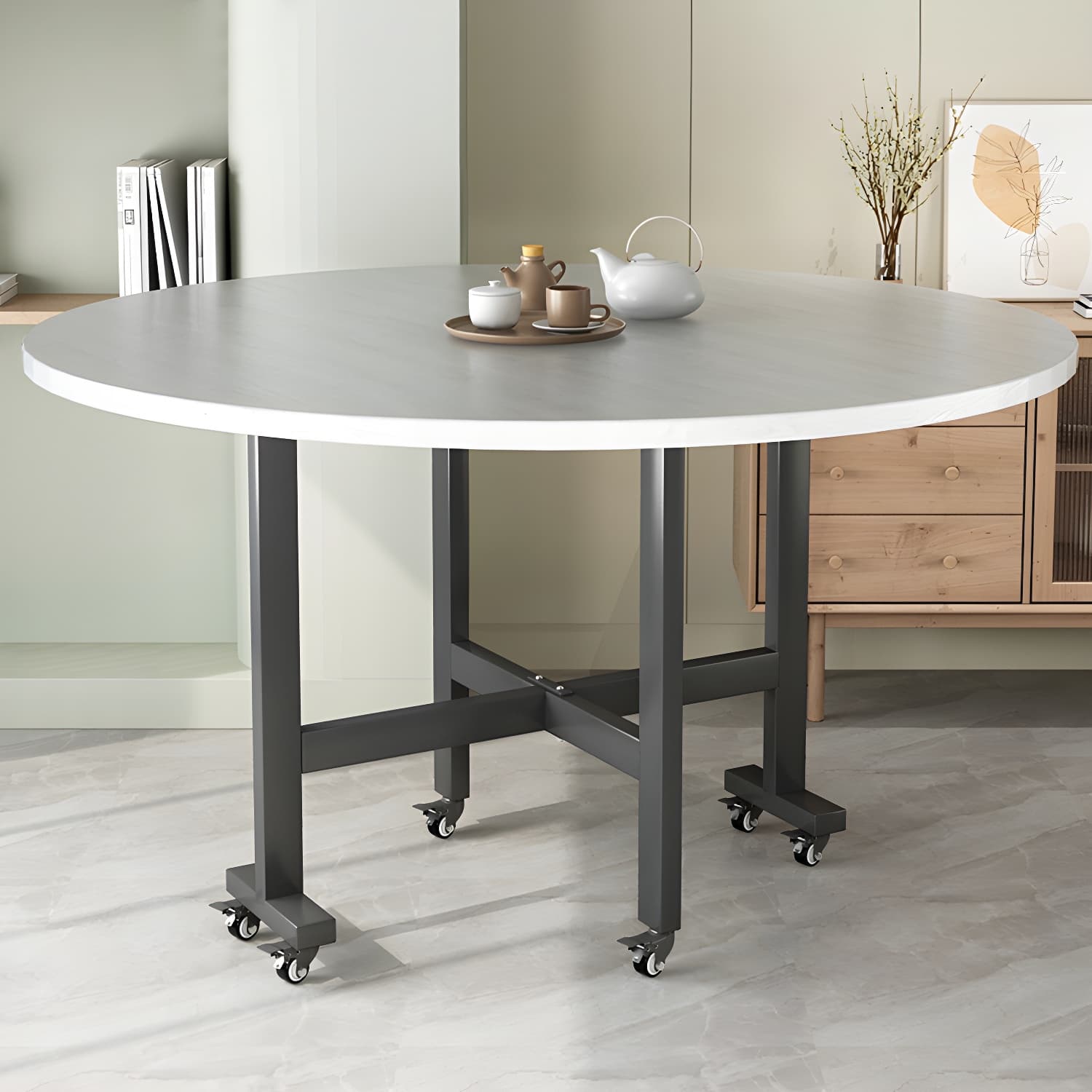 Modern Foldable Dining Table Round Wood Tabletop with Metal Legs thumbnail 4