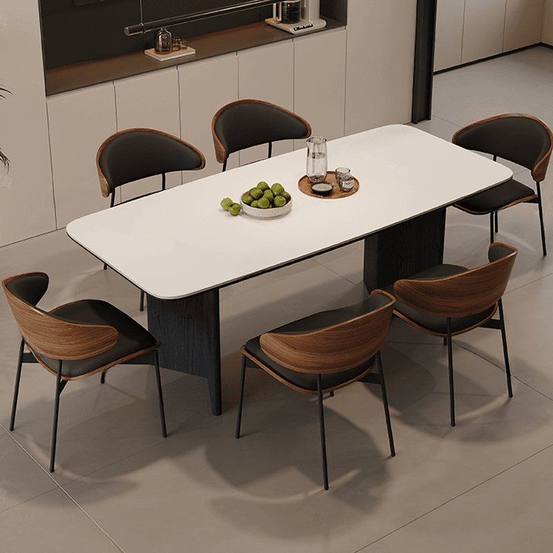 Minimalist Dining Table Set with Two-sided Pedestal, Fixed Table, Padded Chair with Back, and White Table Top thumbnail 4