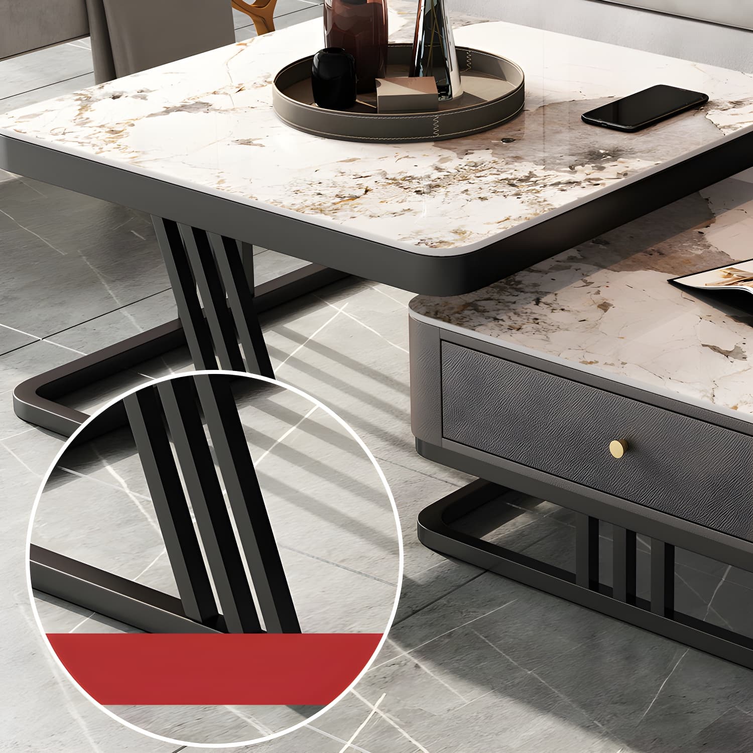 Modern Round Glass / Slate Cocktail Table Steel Frame Coffee Table with Drawer thumbnail 14