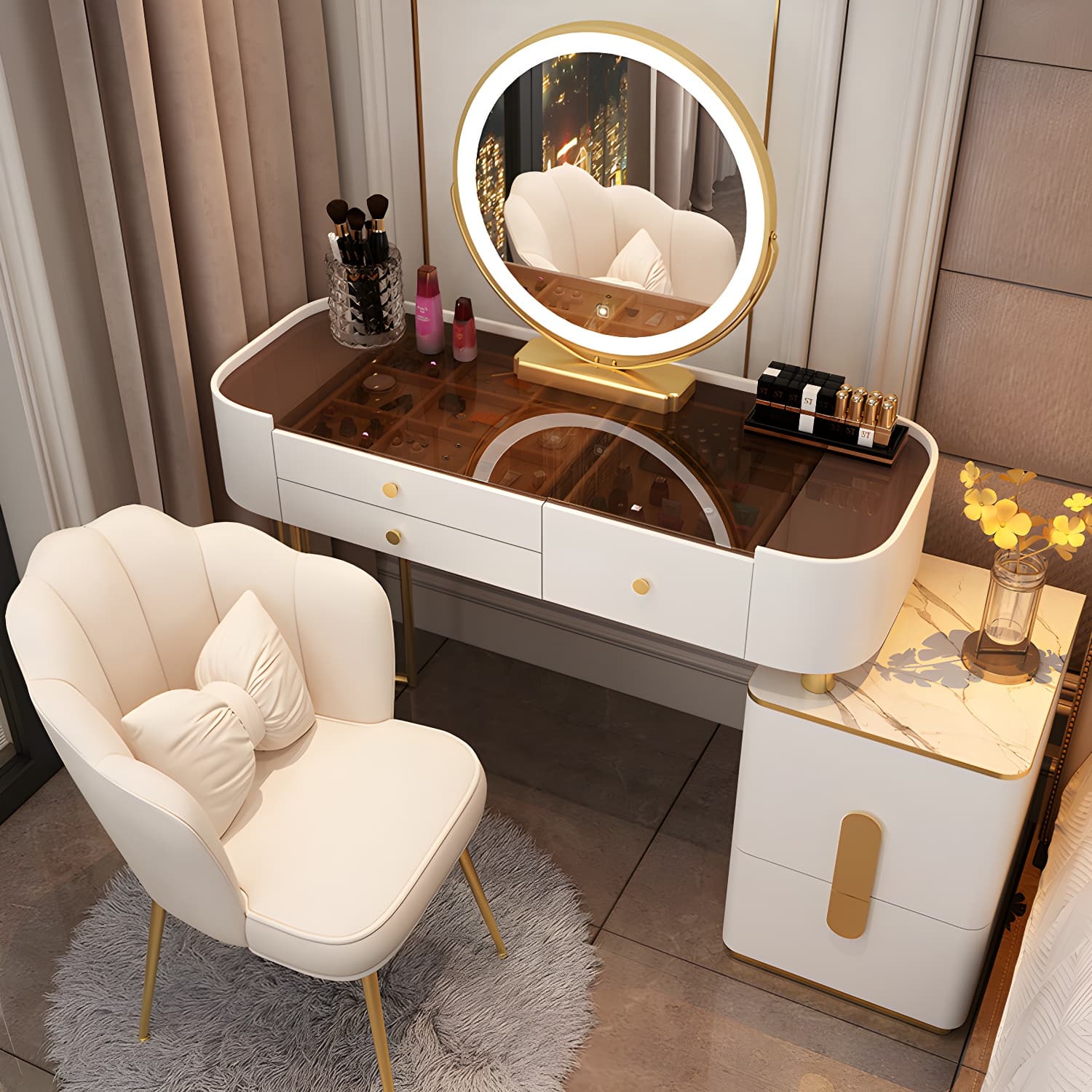 Glass Top Makeup Vanity Storage Box Vanity Dressing Table for Bedroom thumbnail 6