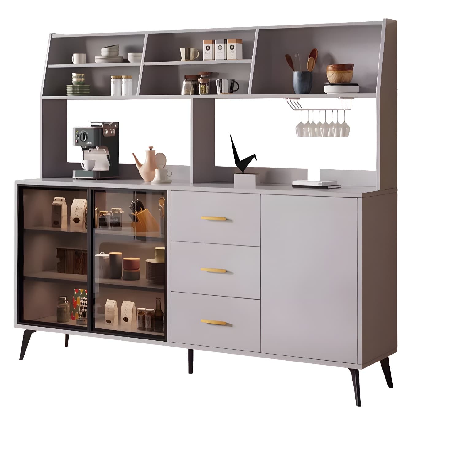 Glass Door Modern Wooden Kitchen Sideboard with Adjustable Shelving thumbnail 7