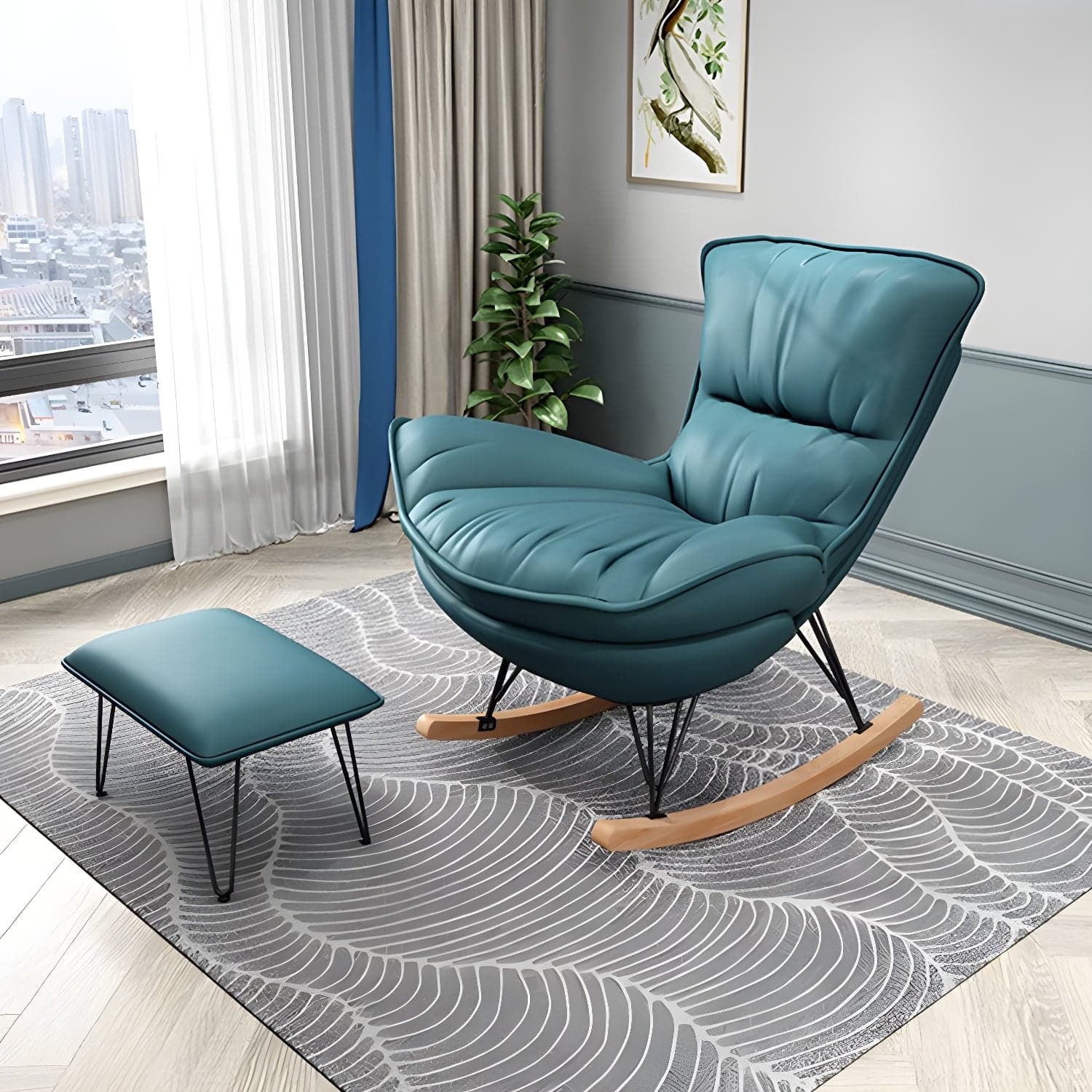 Stylish Modern Indoor Rocking Chair with Ottoman - Upholstered Seat and Natural Wood Legs thumbnail 1