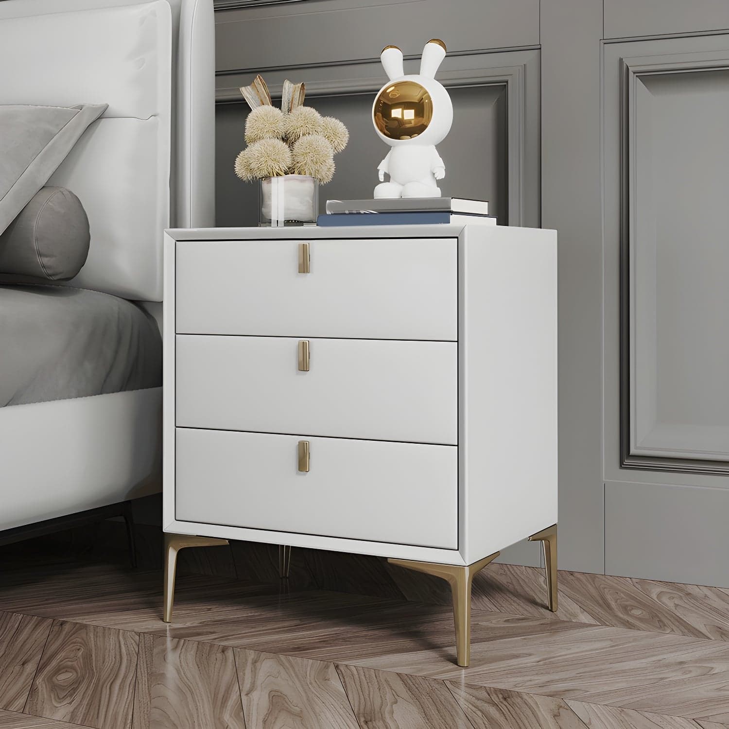 Glam Style Solid Wood 3-Drawer Nightstand with Legs for Bedroom thumbnail 12