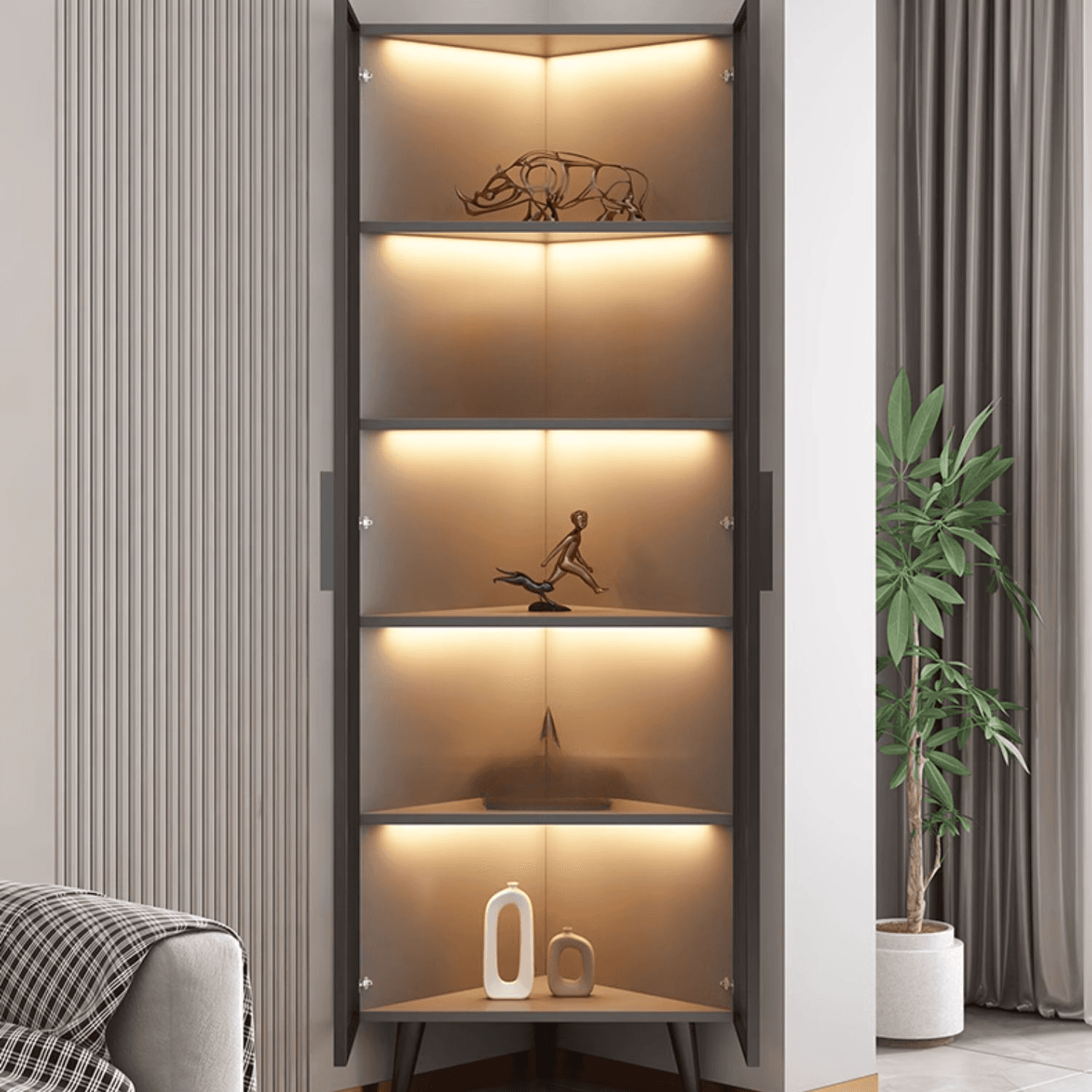 Dove Grey Scratch-immune Corner Accent Cabinet with Cabinet, Glass-panel Door, Adjustable Shelving and Handle Bars thumbnail 3