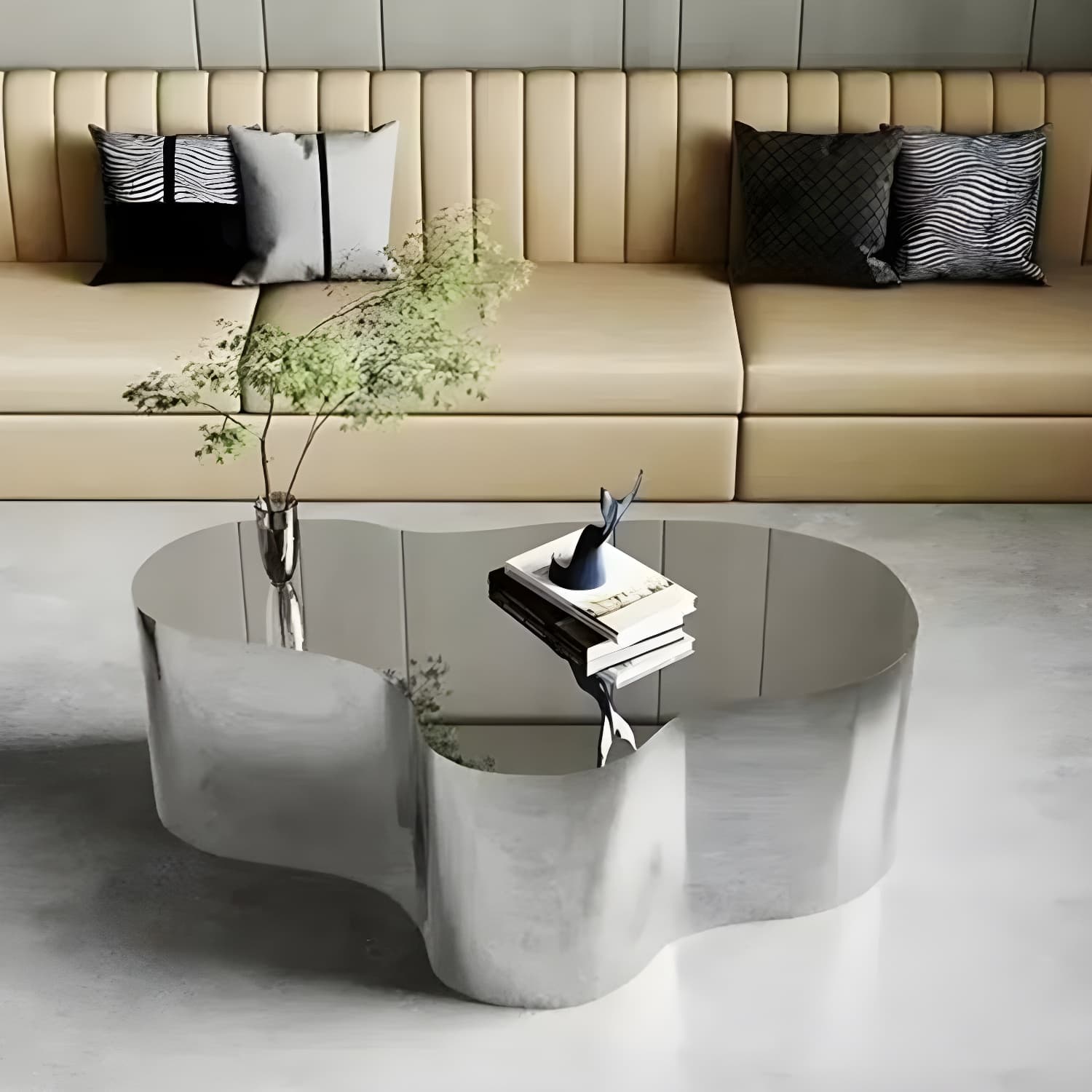 Silver Modern Coffee Table with Free Form Metal Top and Abstract Stainless Steel Base thumbnail 12