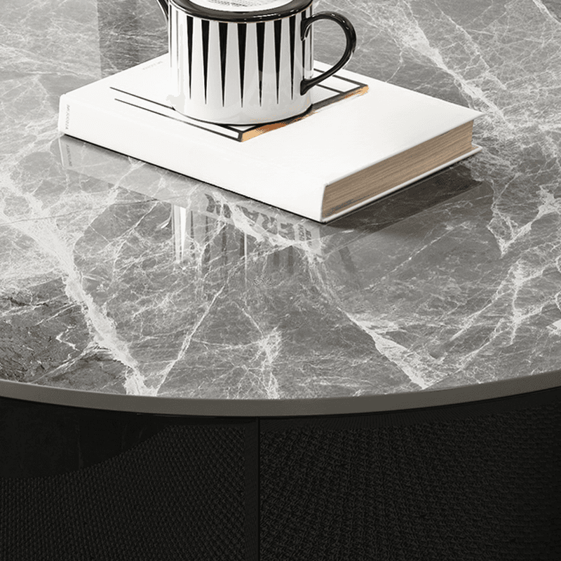 Elegant 1-Tier Circular-shaped Slate Side Table with Drum Base and Midnight Black Top, Includes 2 Drawers/1 Drawer thumbnail 8