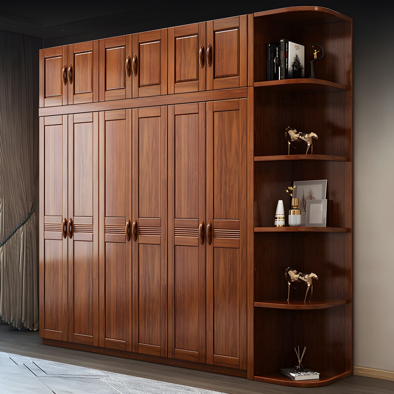 Wood Brown Rustic Wardrobe Armoire with Drawers & Shelves, Walnut Finish thumbnail 4