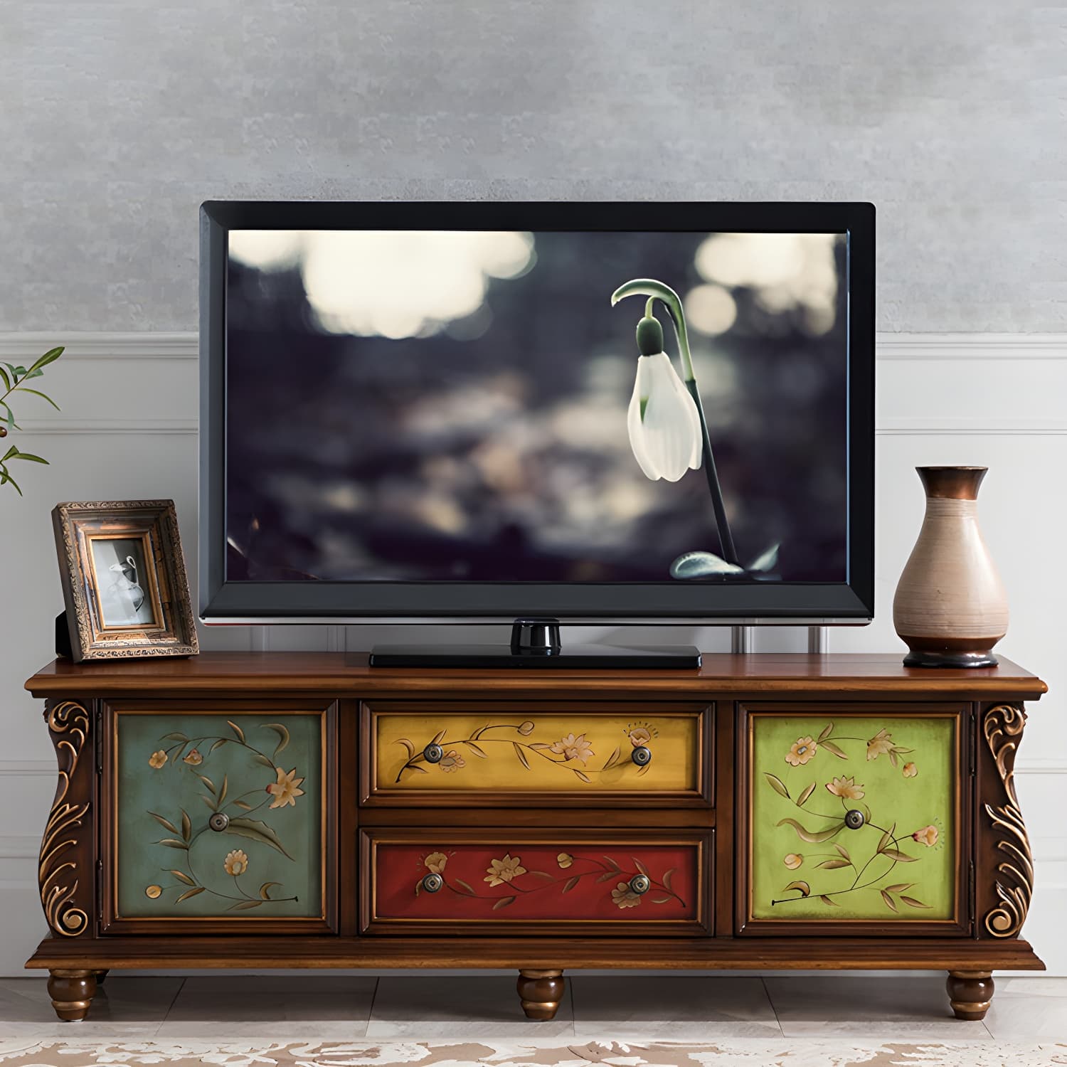 Traditional Rubberwood Media Console Matte Finish TV Media Stand with Drawers thumbnail 7