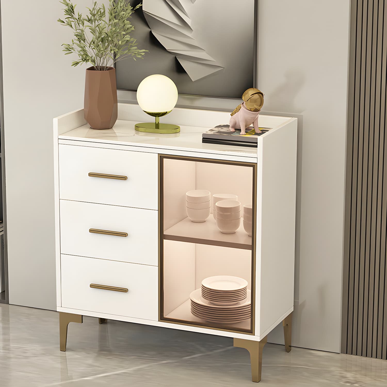 Glam Wood Sideboard with Glass Doors, Lighting Included, and Adjustable Shelves