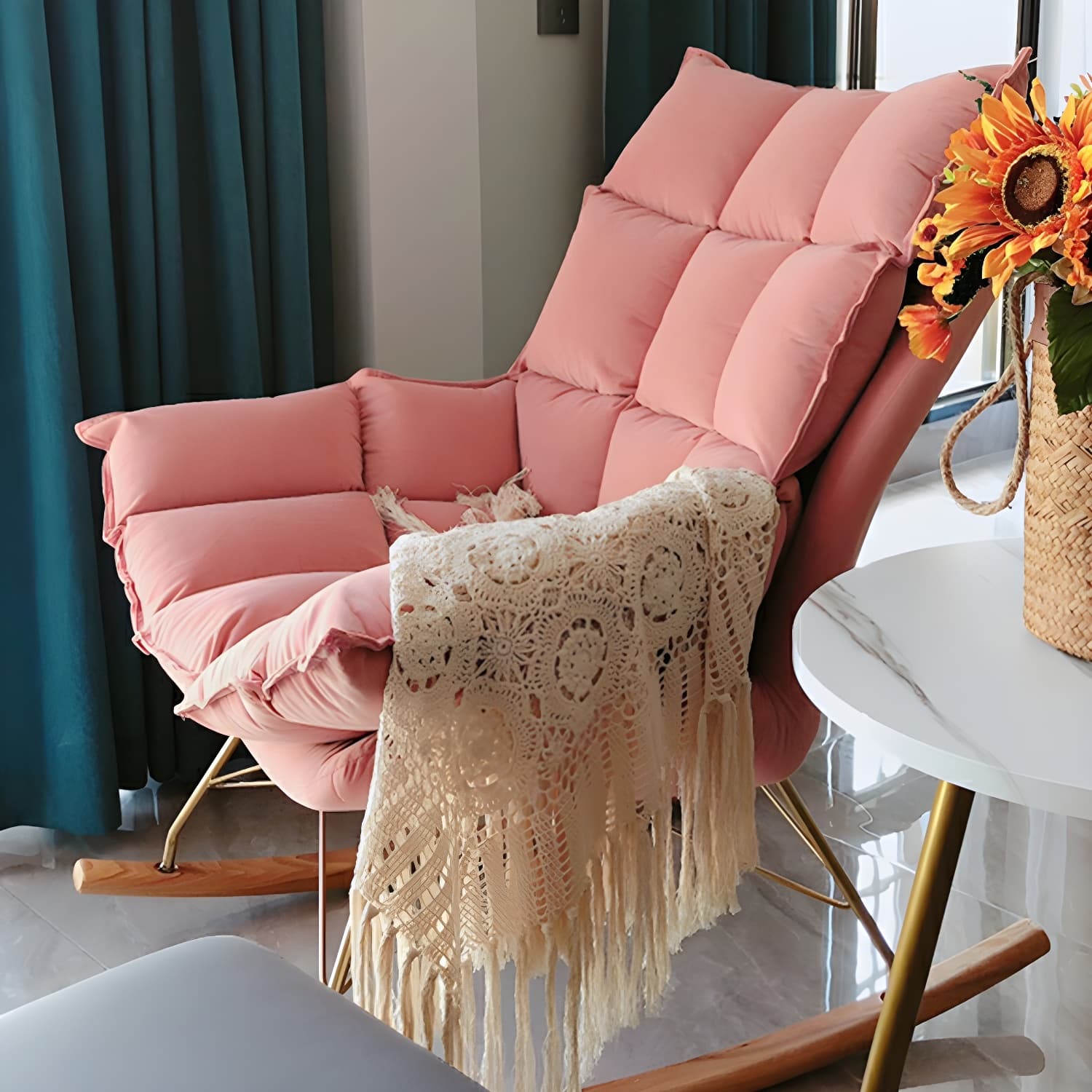 Rocking Accent Chair Upholstered Contemporary Living Room Spindle Tufted Cushions thumbnail 8