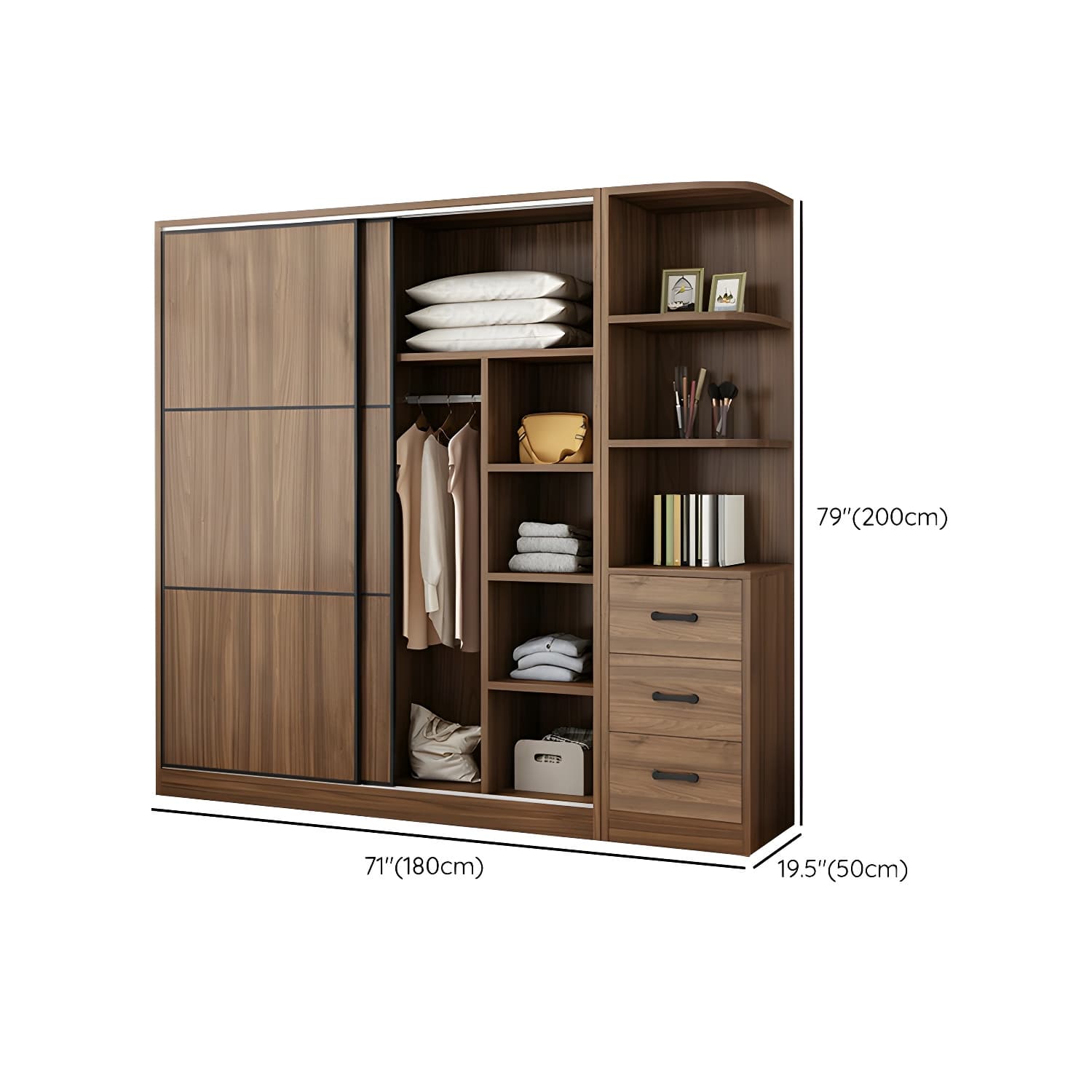 Non-Adjustable Traditional Brown Wood Wardrobe Armoire with Sliding Doors & Soft Close Drawers thumbnail 23