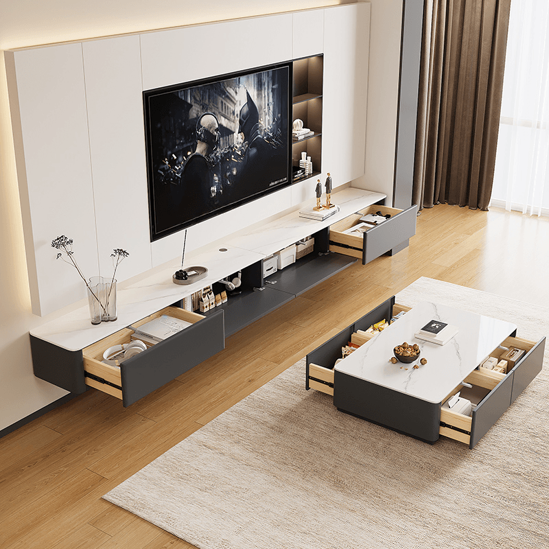 Art Deco Stone Rectangular TV Stand with 2 Drawers and 2 Cabinets Featuring Cable Management thumbnail 7