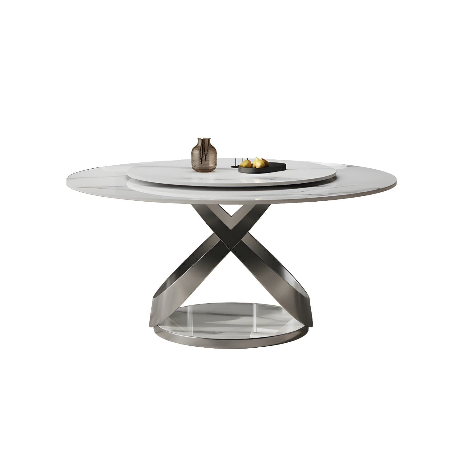 Stunning White Stone Round Dining Table with Lazy Susan and Silver Steel Pedestal Base thumbnail 3