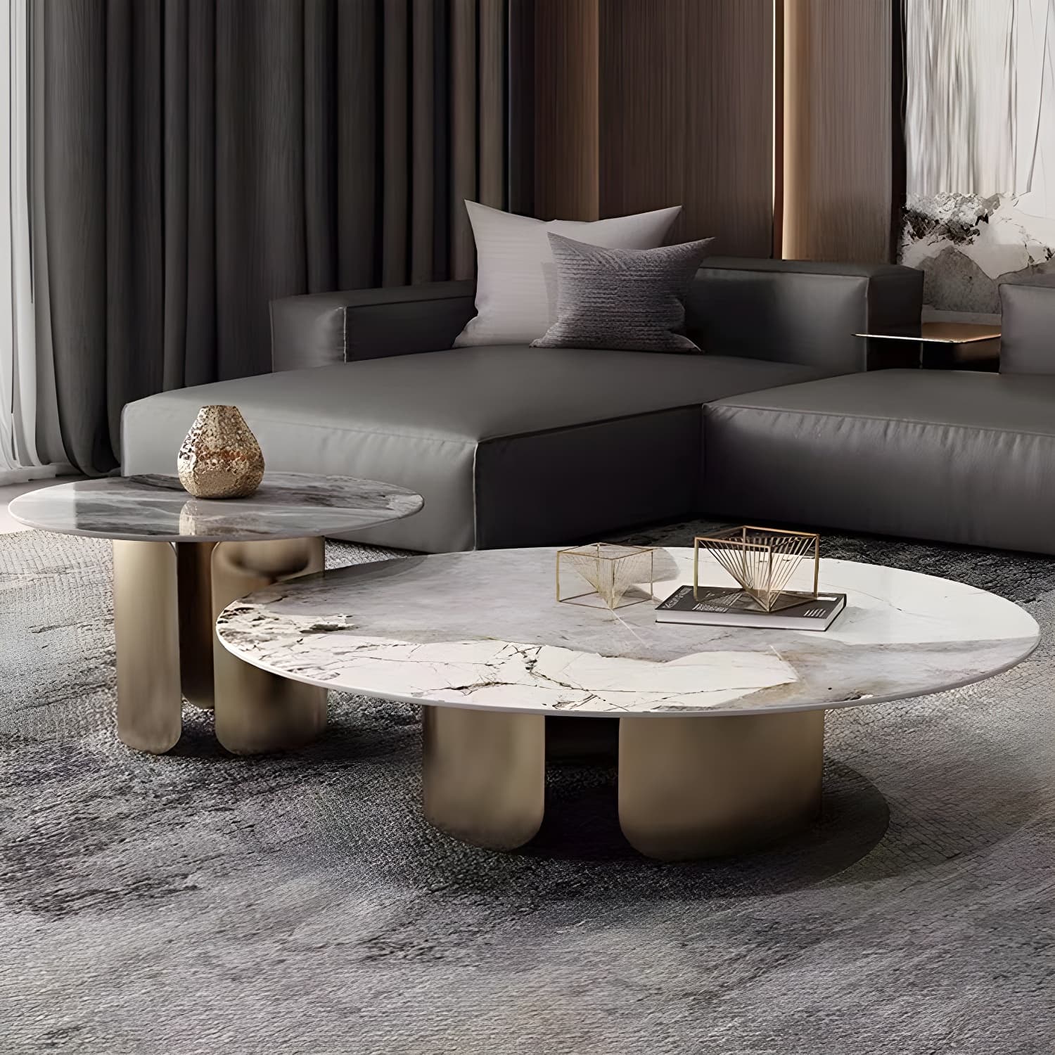 Chic Modern Round Beige Stone Top Coffee Table with Industrial Iron Base thumbnail 5
