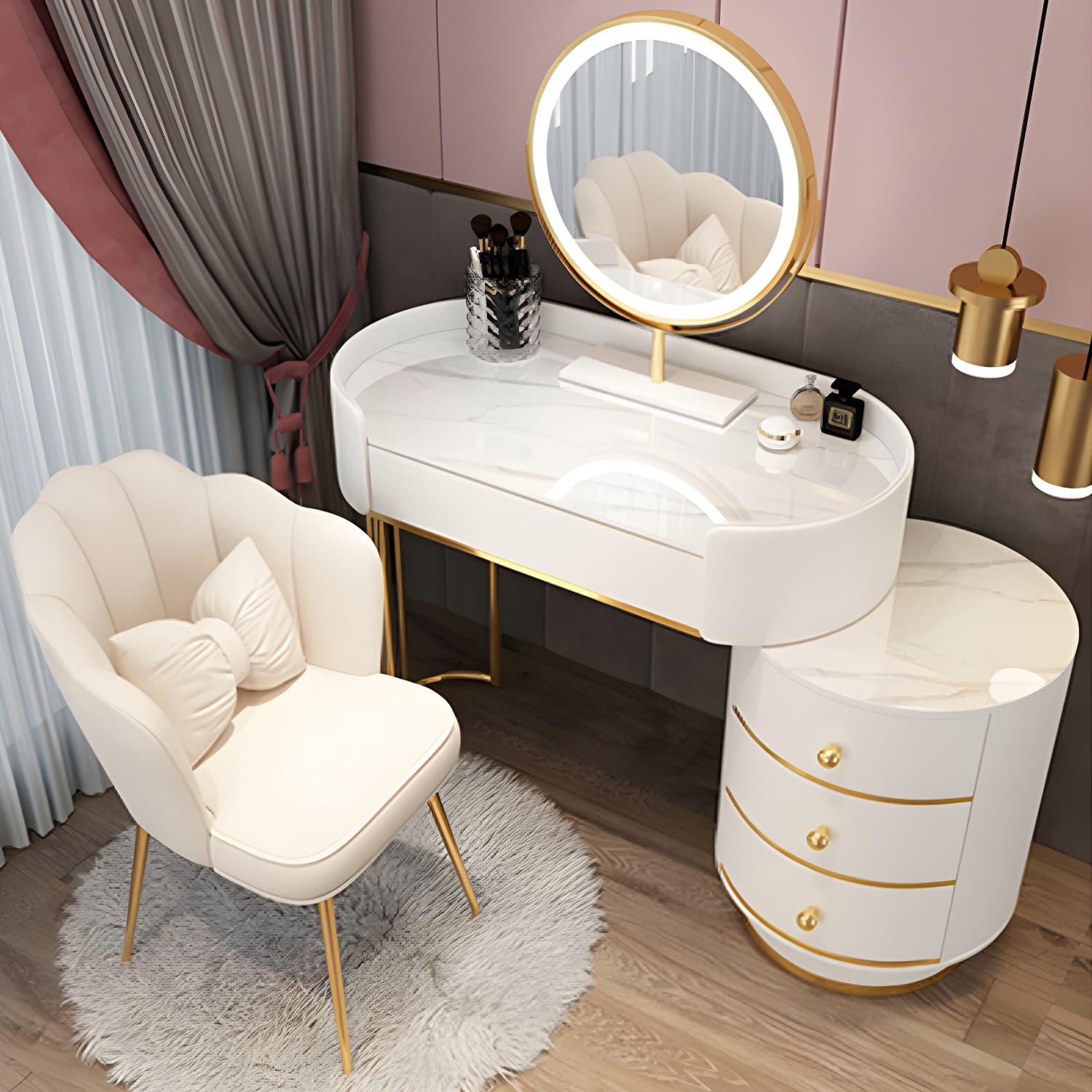 Contemporary Bedroom Metallic Lighted Mirror With Drawer Makeup Vanity Set thumbnail 4