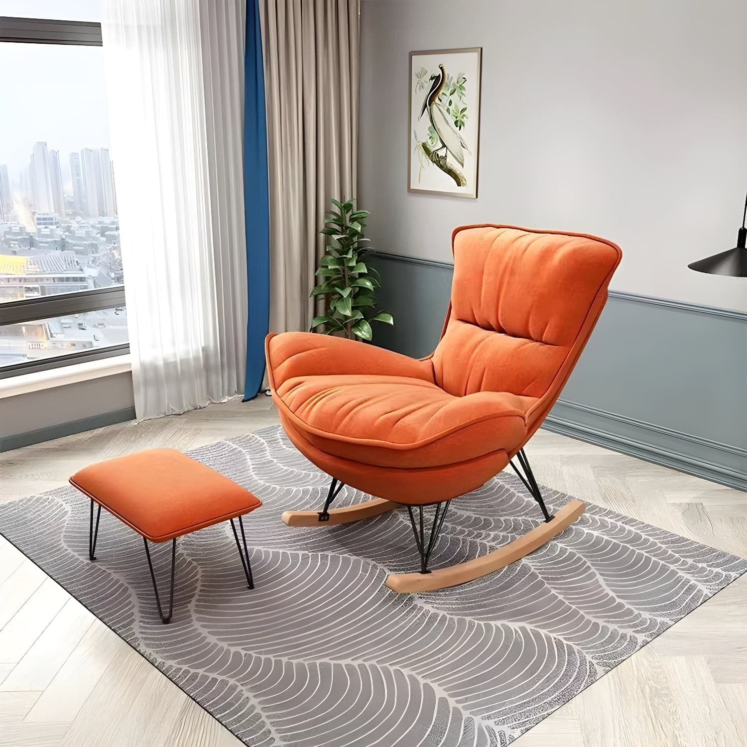 Glam Rocking Accent Chair Upholstered Antique Finish Rocking Chair with Ottoman thumbnail 9