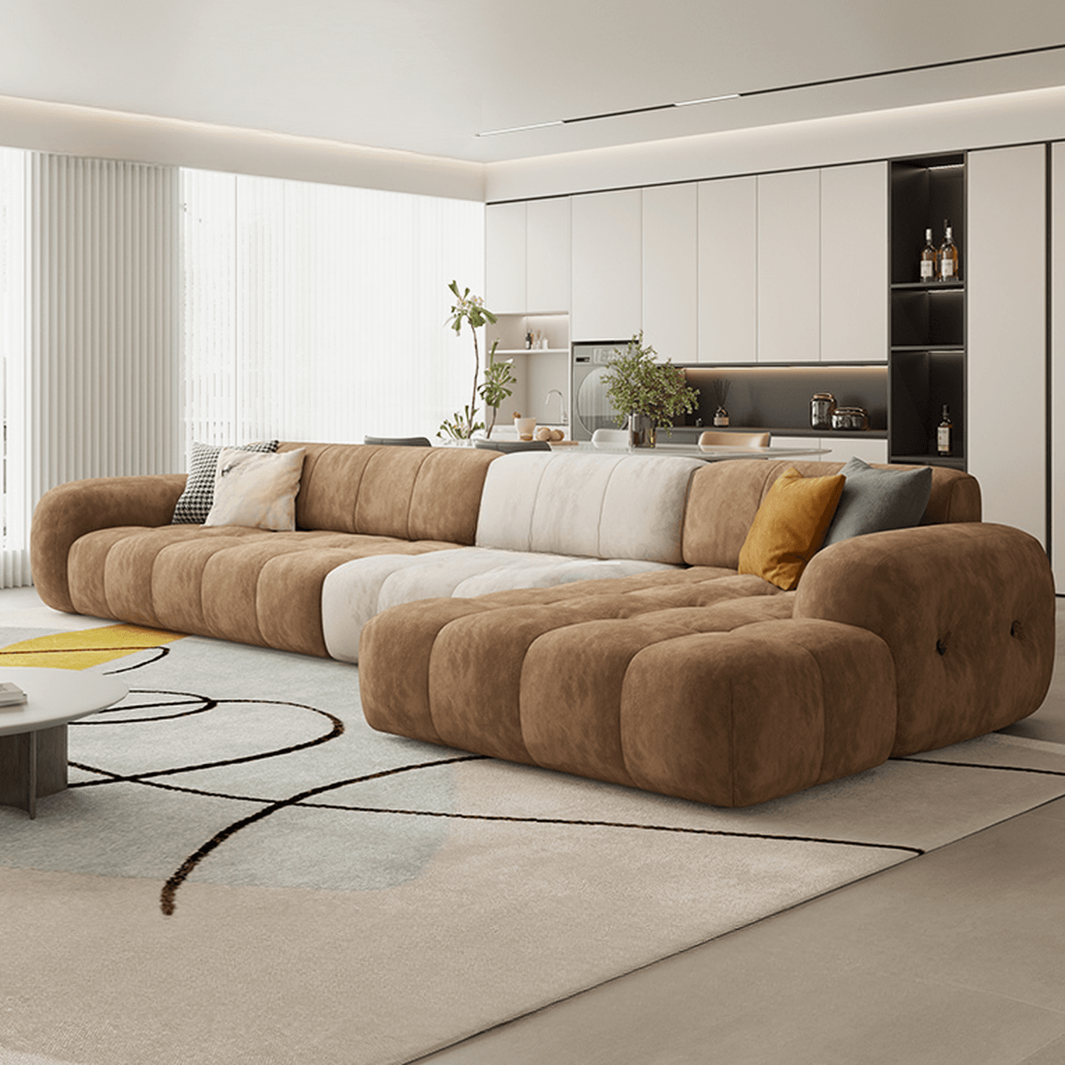 Channel Back L-Shape/Straight Right Hand Facing/Horizontal Sofa Recliner/Sofa Couch in Brown/Beige with Concealed Support & Pine Wood Frame for Living Room thumbnail 4