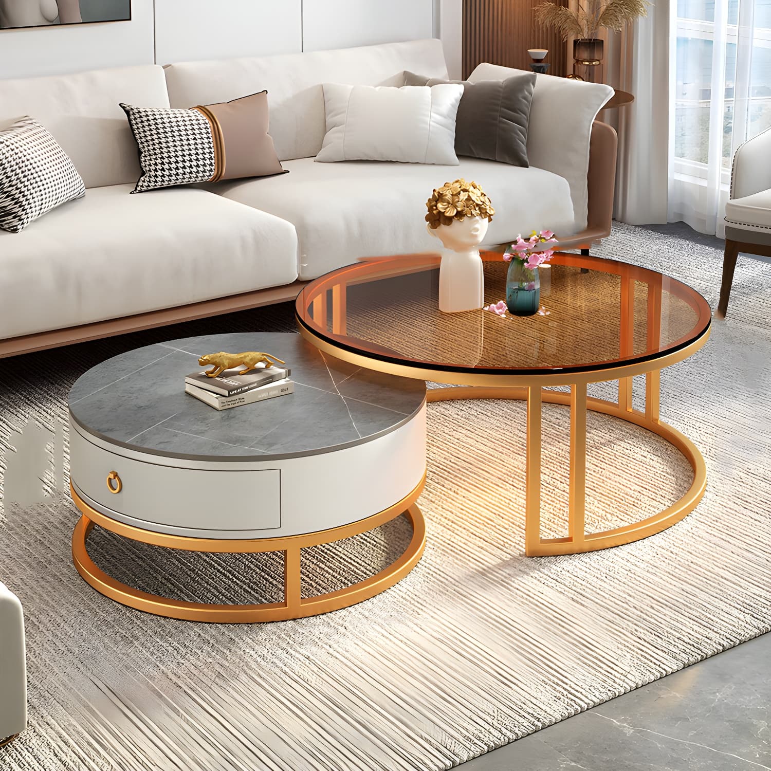 Modern Glass Coffee Cocktail Table Round Nesting Coffee Table Set thumbnail 7