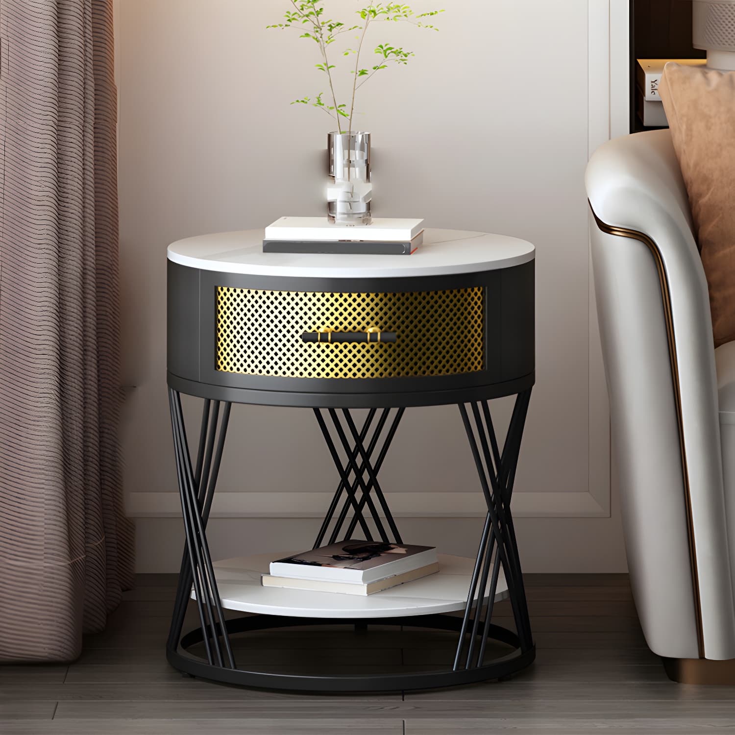 Glam Stone Top Night Table Open Storage 1-Drawer Metal Legs Included Nightstand thumbnail 7