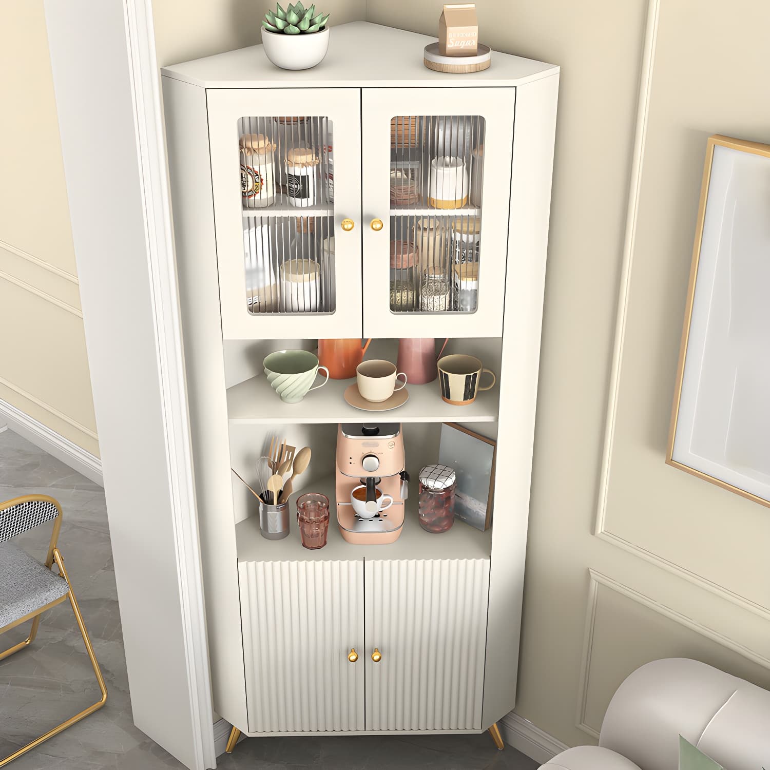Modern Corner Accent Cabinet with White Wood Countertop, Glass Doors, and Gold Metal Base thumbnail 3