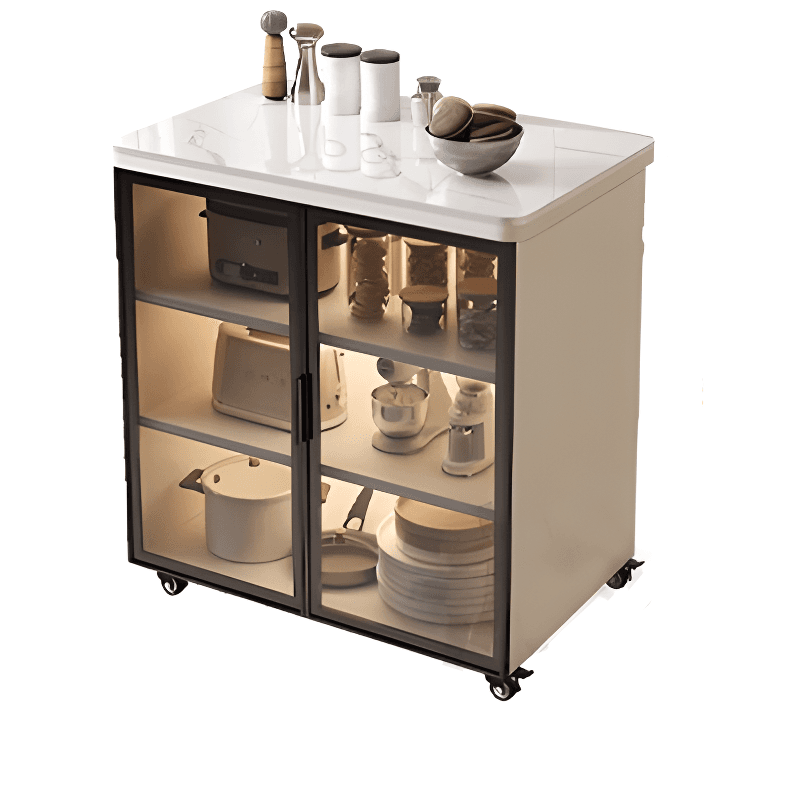Trendy Sideboard on Caster Wheels with Narrow Stone Countertop, Glazed Door, Adjustable Shelving, and Lighting System thumbnail 6