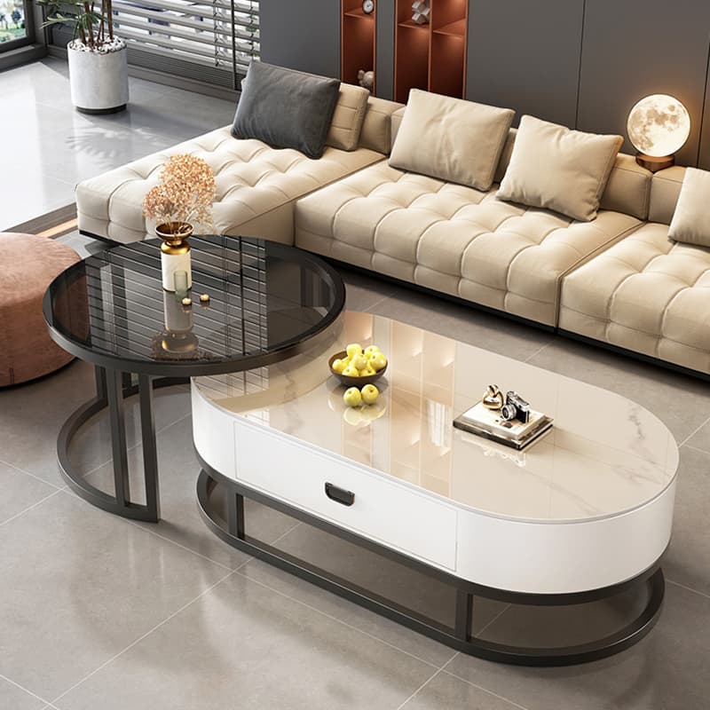 Set of 2 Modern Nesting Stone Coffee Tables with Metal Frame and Drawers thumbnail 9
