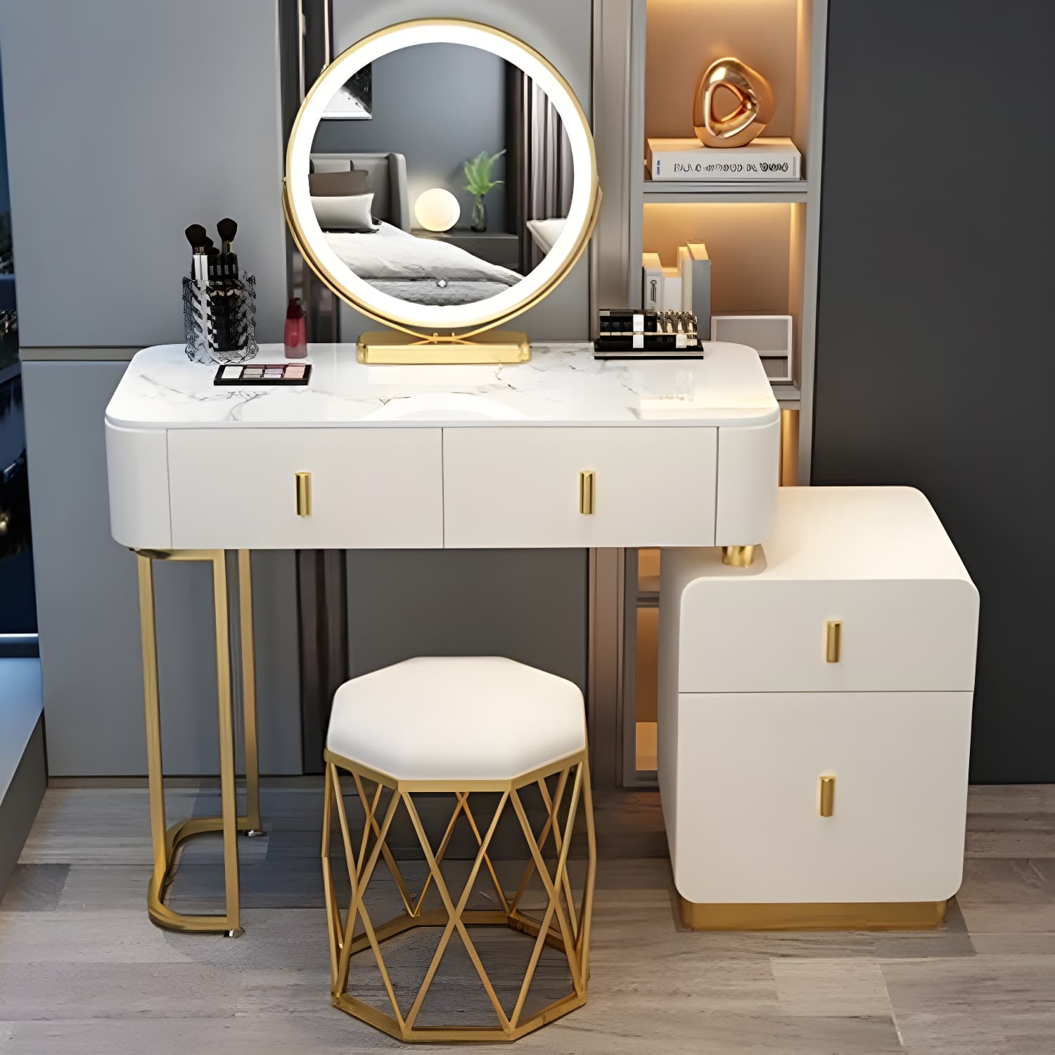 Modern Stone Top Makeup Vanity Desk with Solid Wood Storage Drawers thumbnail 6