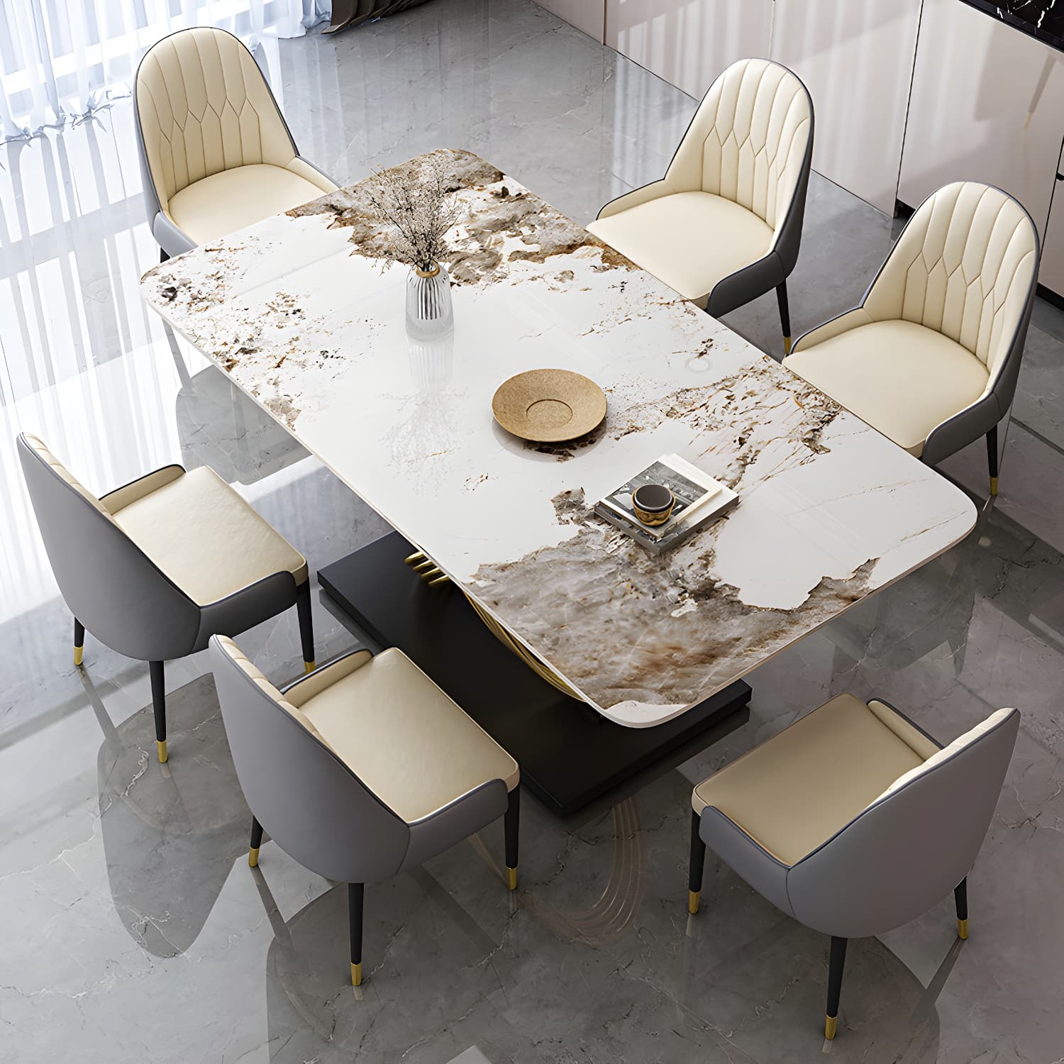 Nordic Glam Rectangle Sintered Stone Table Set 1/4/5/7 Pieces Dining Set thumbnail 1