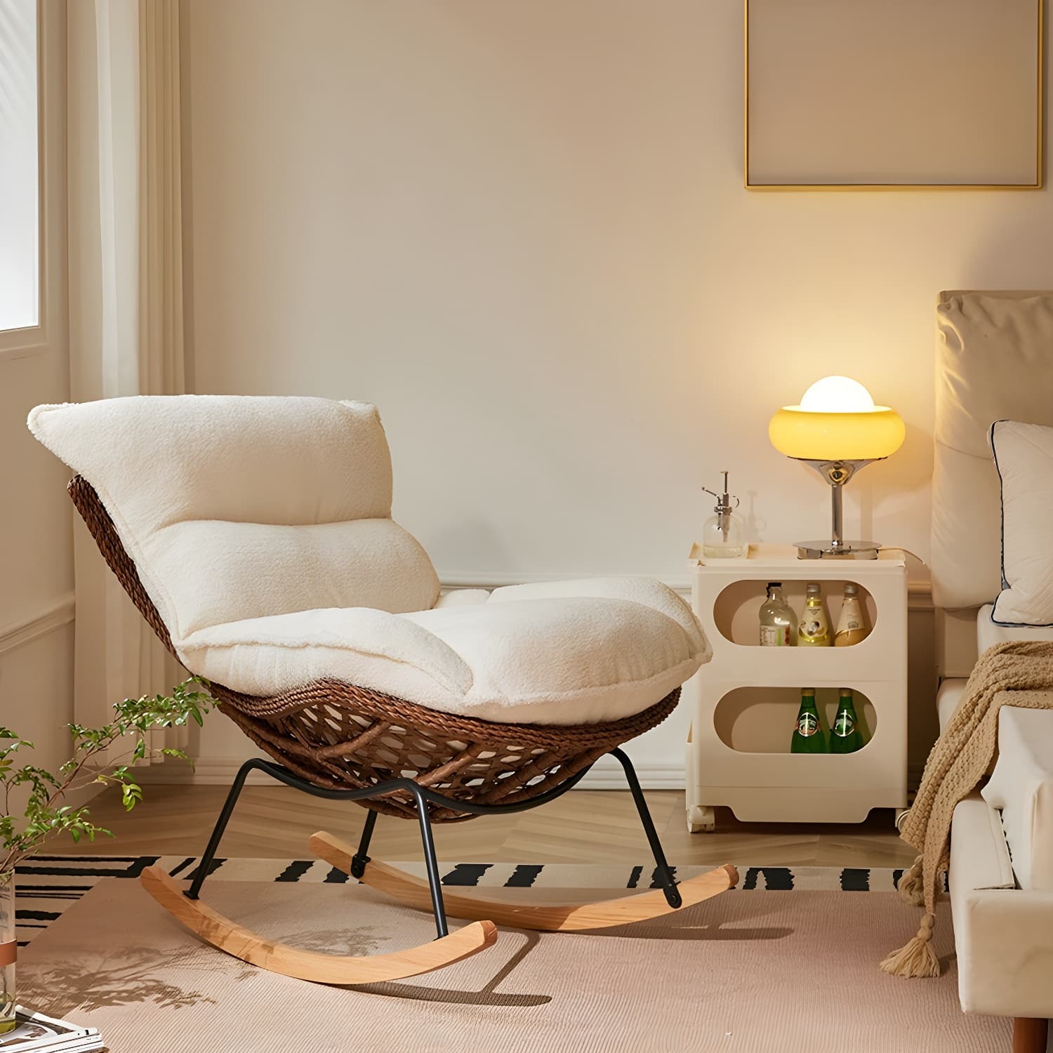 Traditional Armless Design Indoor Rocking Chair with rattan Frame and Nature Wood Legs thumbnail 7