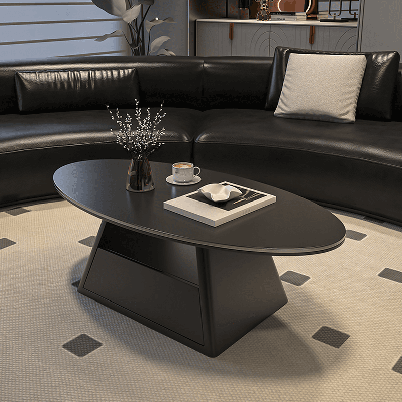 Single Board Game Coffee Table with Slate Top and Base, Elliptical Shape, 1 Drawer, and 1 Shelf thumbnail 1