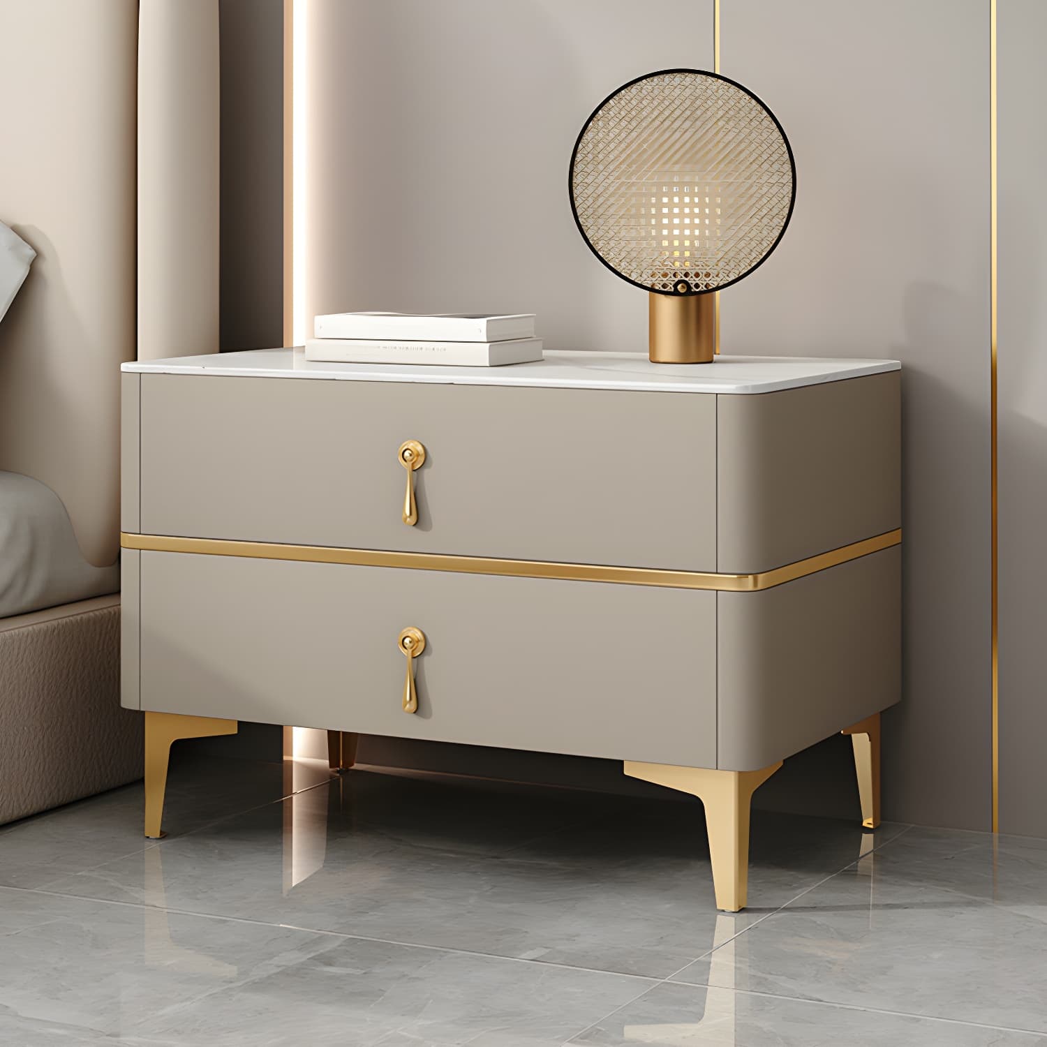 Glam Style Sintered Stone Top 2- Drawer Nightstand with Legs for Bedroom thumbnail 4