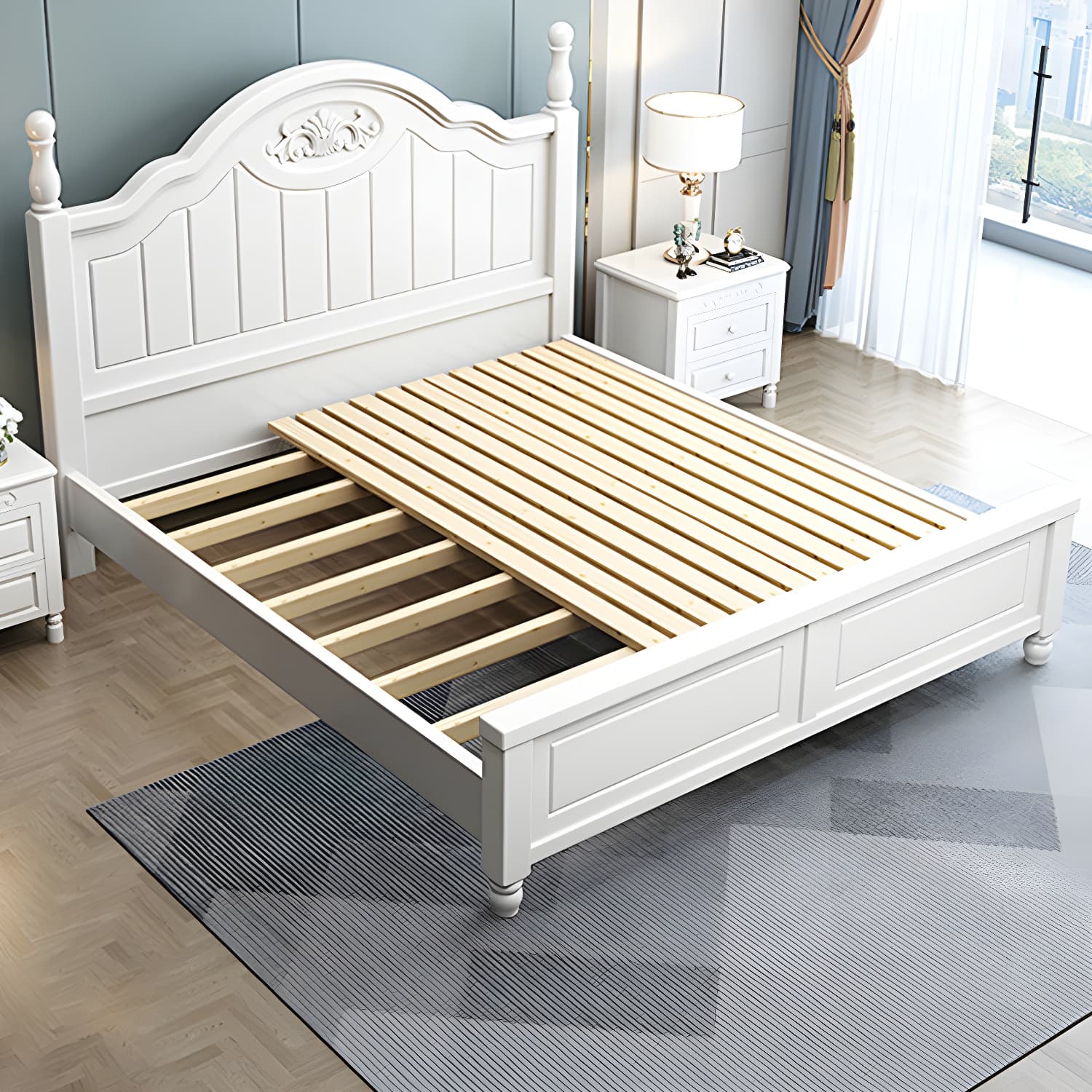 French Country Bed 83.46" Long Bed with Arched Headboard in White thumbnail 4