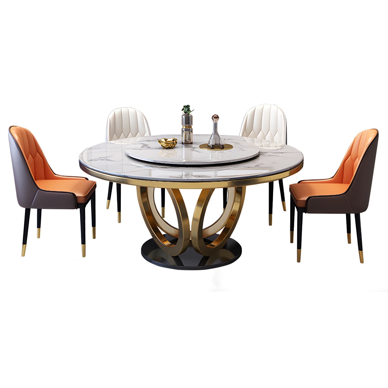Glamorous Round Marble Dining Set with Gold Metal Pedestal Base and Upholstered White Chairs thumbnail 9