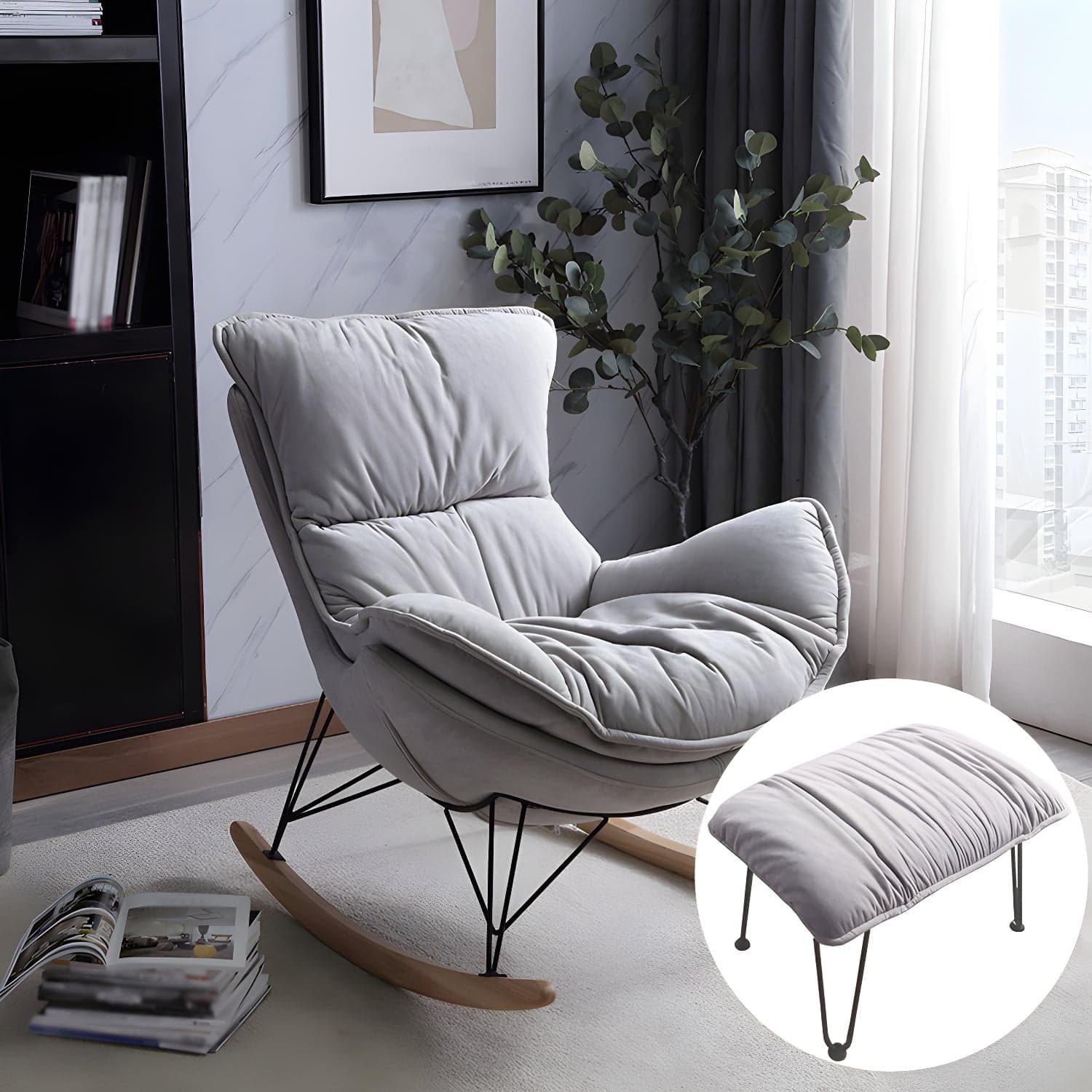 Ergonomic with Ottoman Rocker Chair with Padded Seat Rocking Chair Spindle thumbnail 4