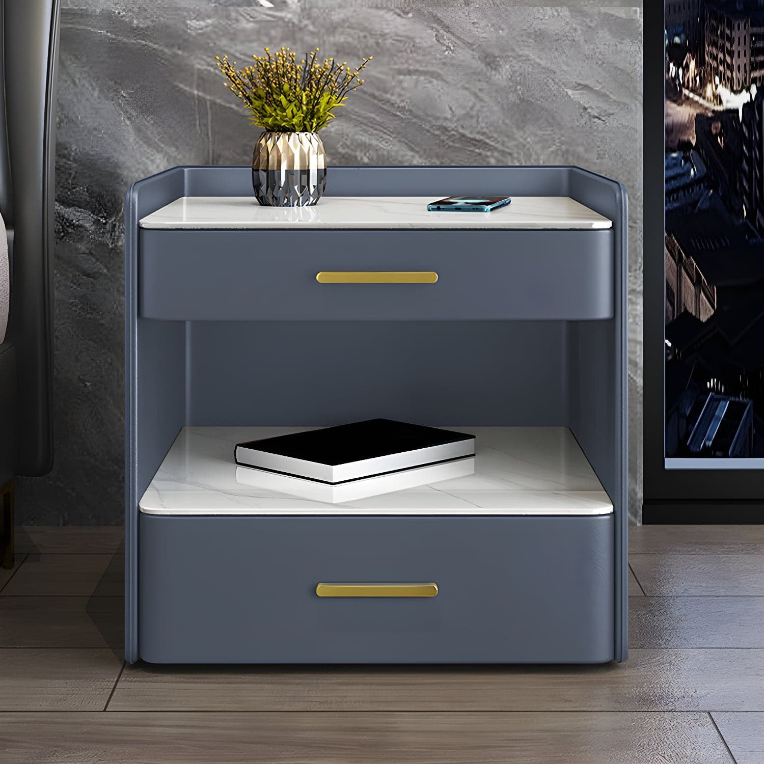 Stone Bed Nightstand Open Storage Bedside Cabinet with Drawers thumbnail 1