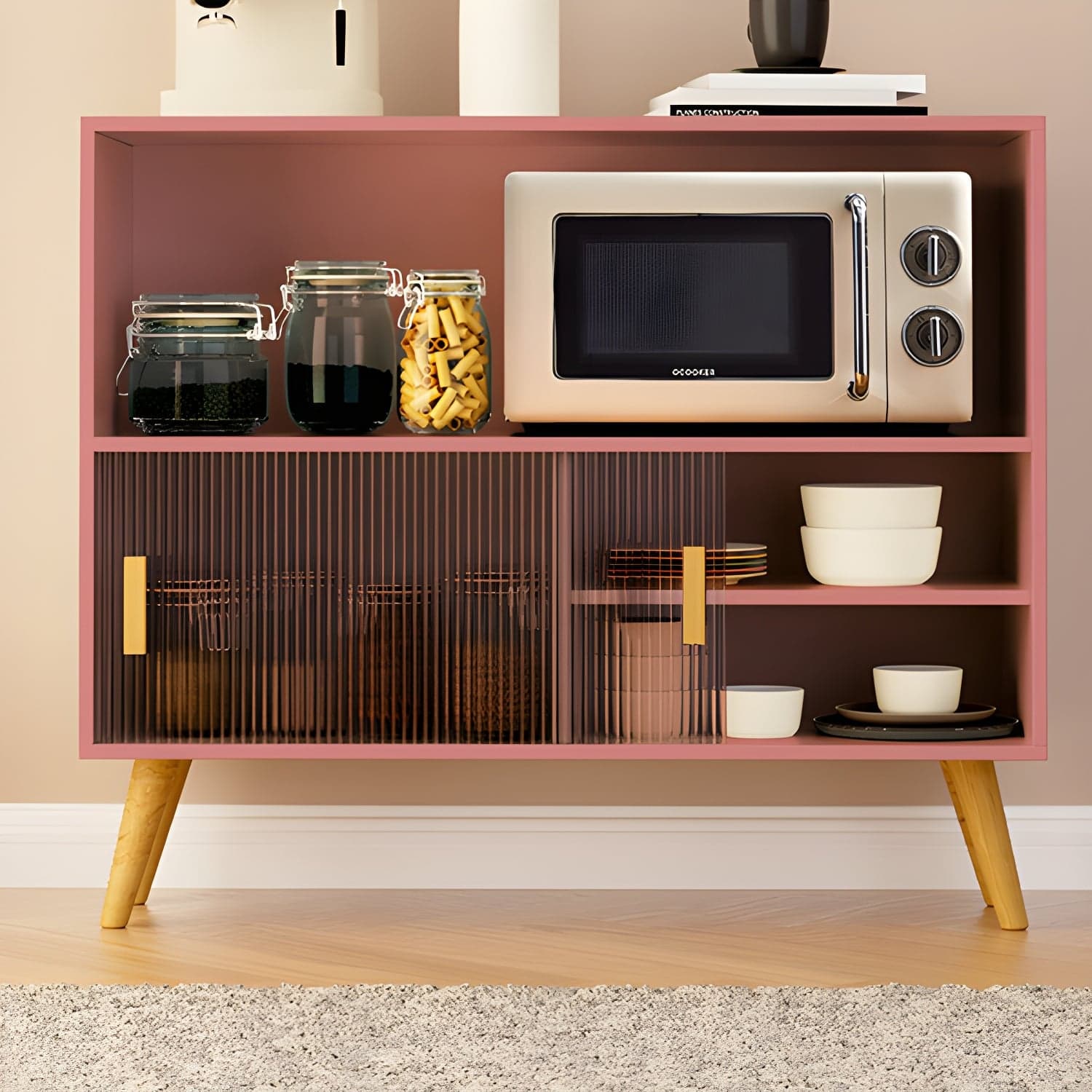 Scandinavian Wood Buffet Table with Acrylic Sliding Doors and Cabinet thumbnail 7