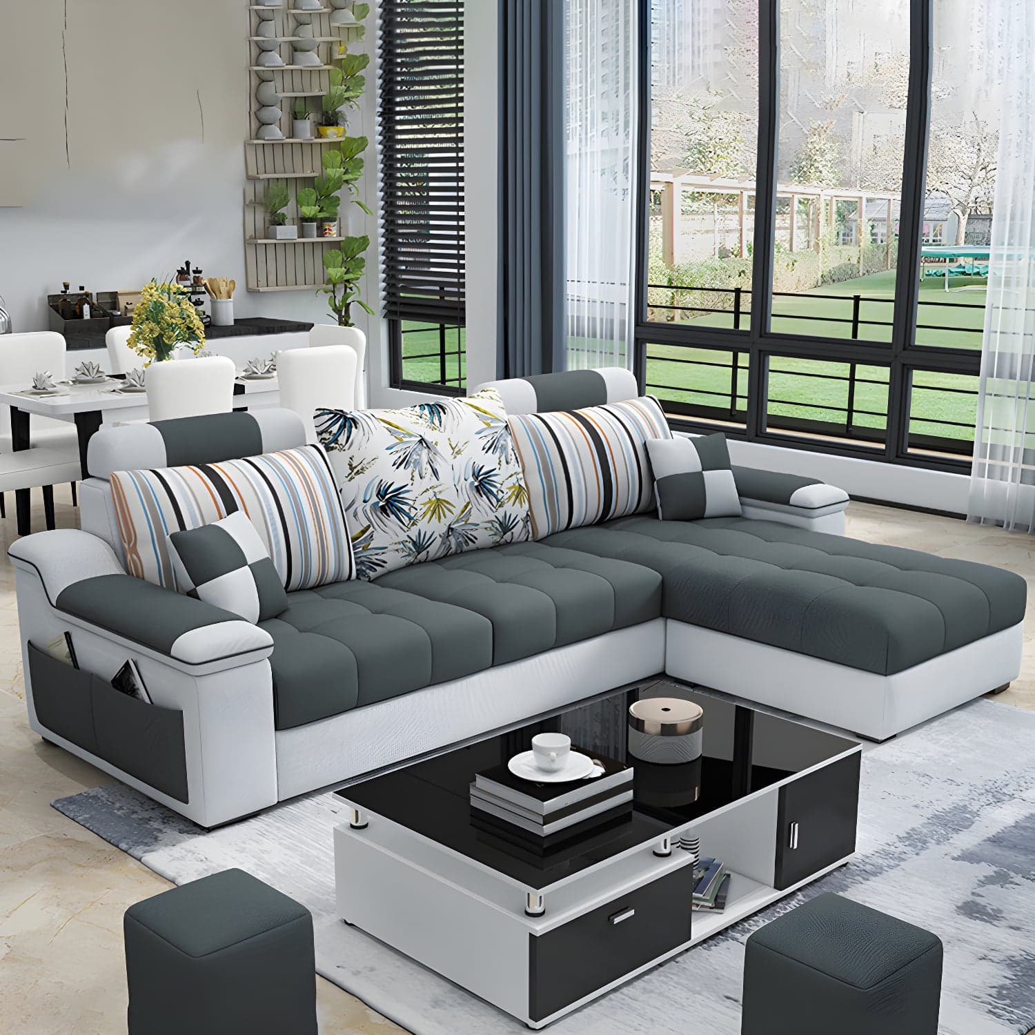 3-Seater Cotton Blend and Faux Leather L-Shape Sectionals Sofas thumbnail 5